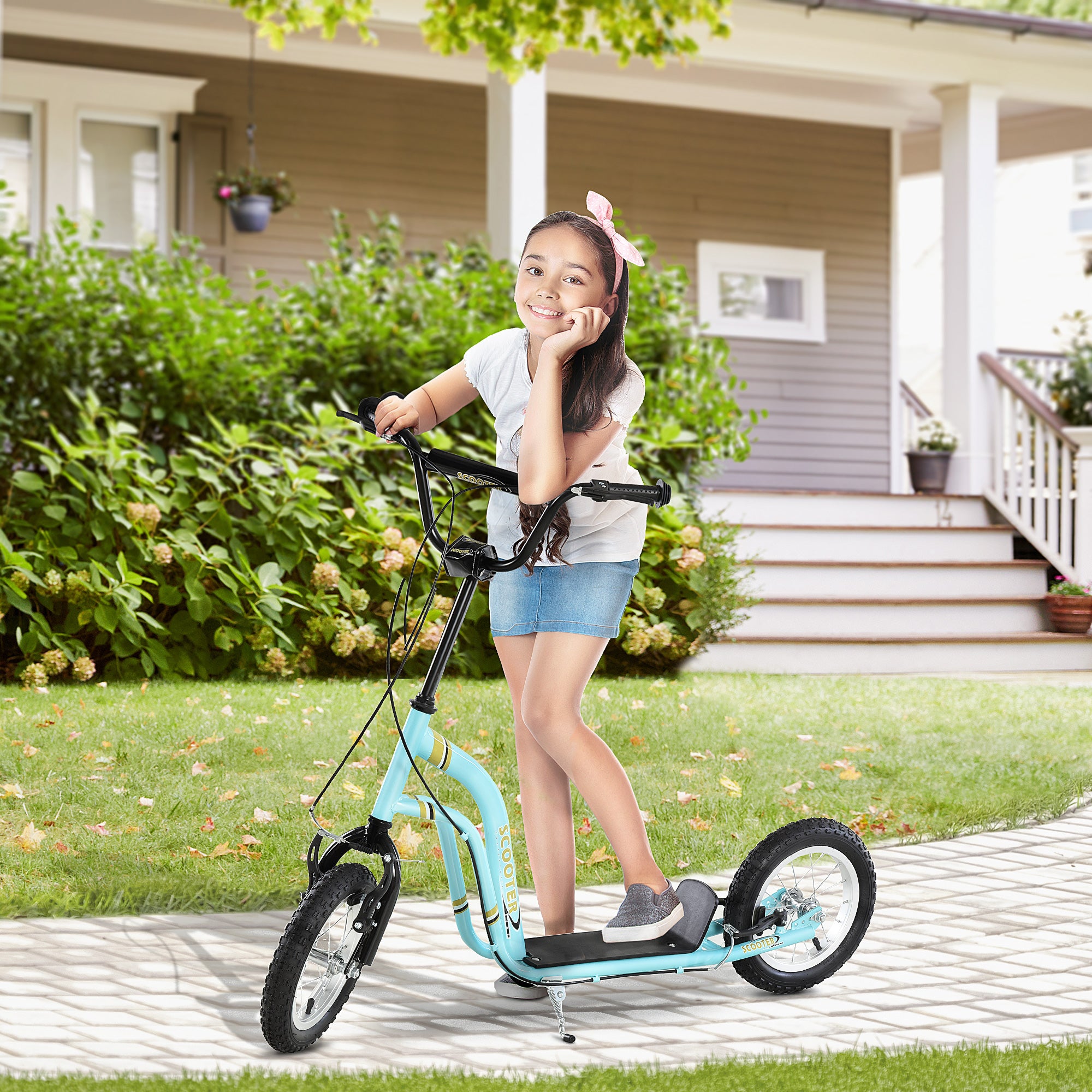 HOMCOM Teen Kids Stunt Scooter w/ Adjustable Handlebar, 12 Inch Rubber Tyres, Dual Brakes, Blue - anydaydirect