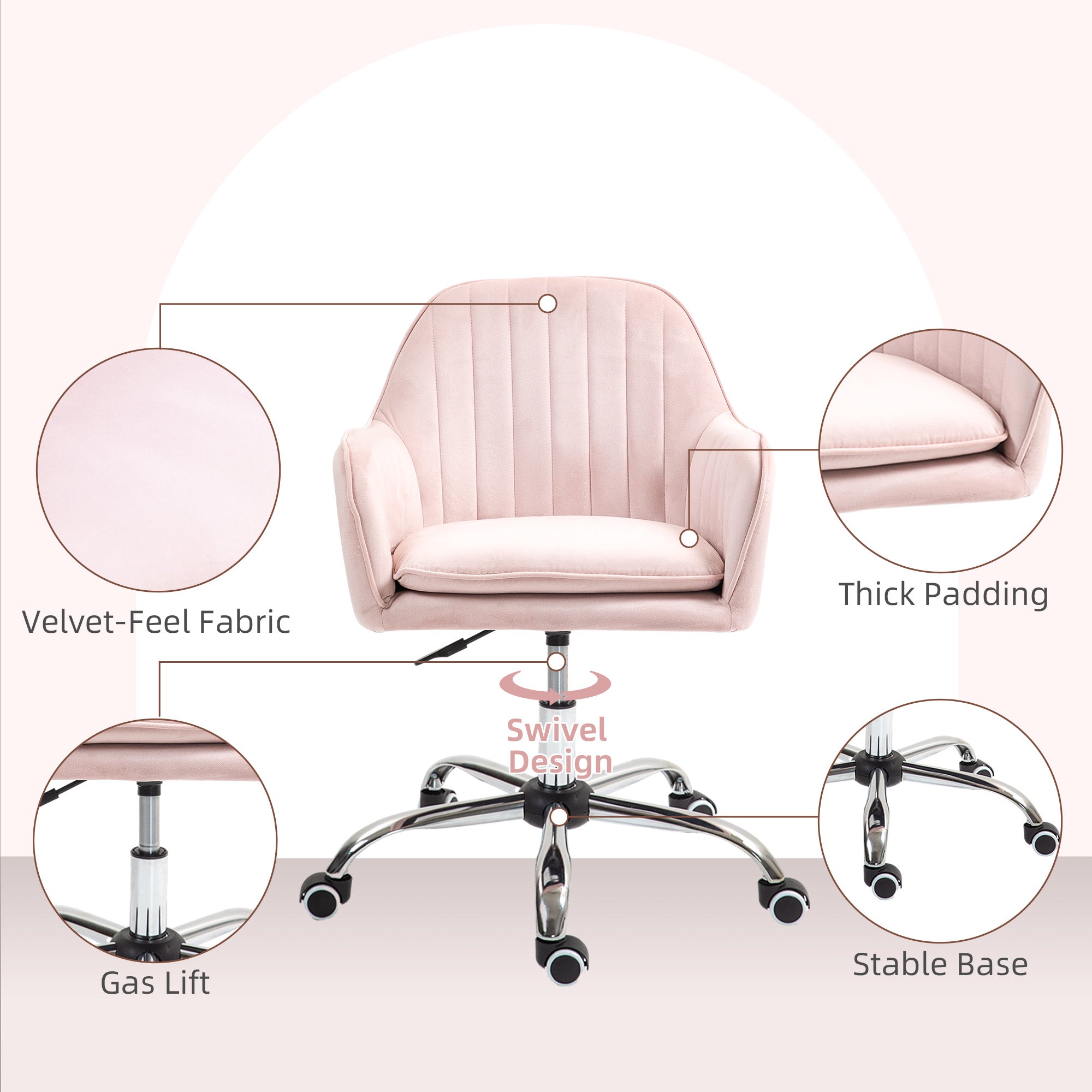 HOMCOM Velvet-Feel Tub Office Chair, with Seat Cushion - Pink - anydaydirect