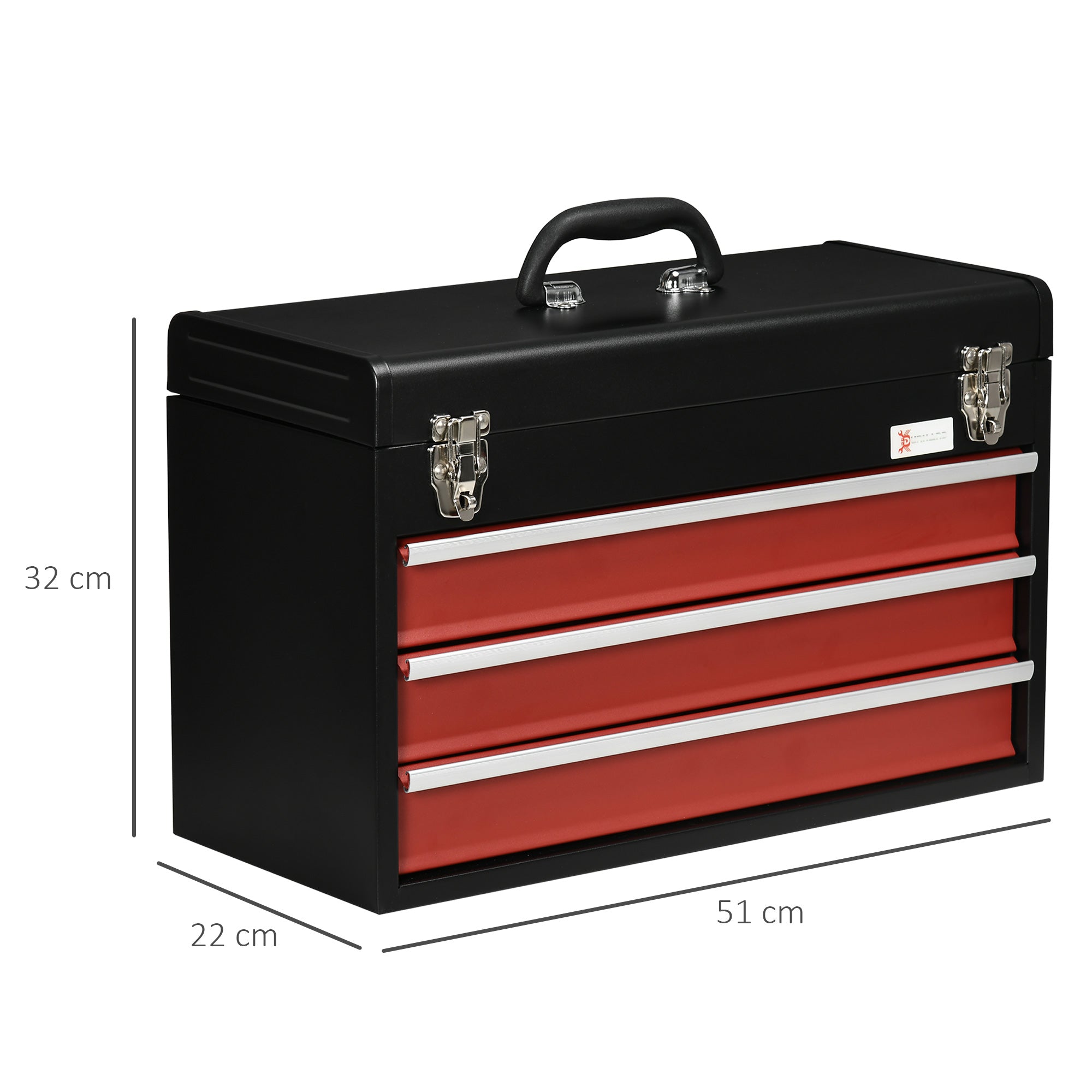 DURHAND 3 Drawer Tool Chest, Lockable Metal Tool Box with Ball Bearing Runners, Portable Toolbox, 510mm x 220mm x 320mm, Black - anydaydirect