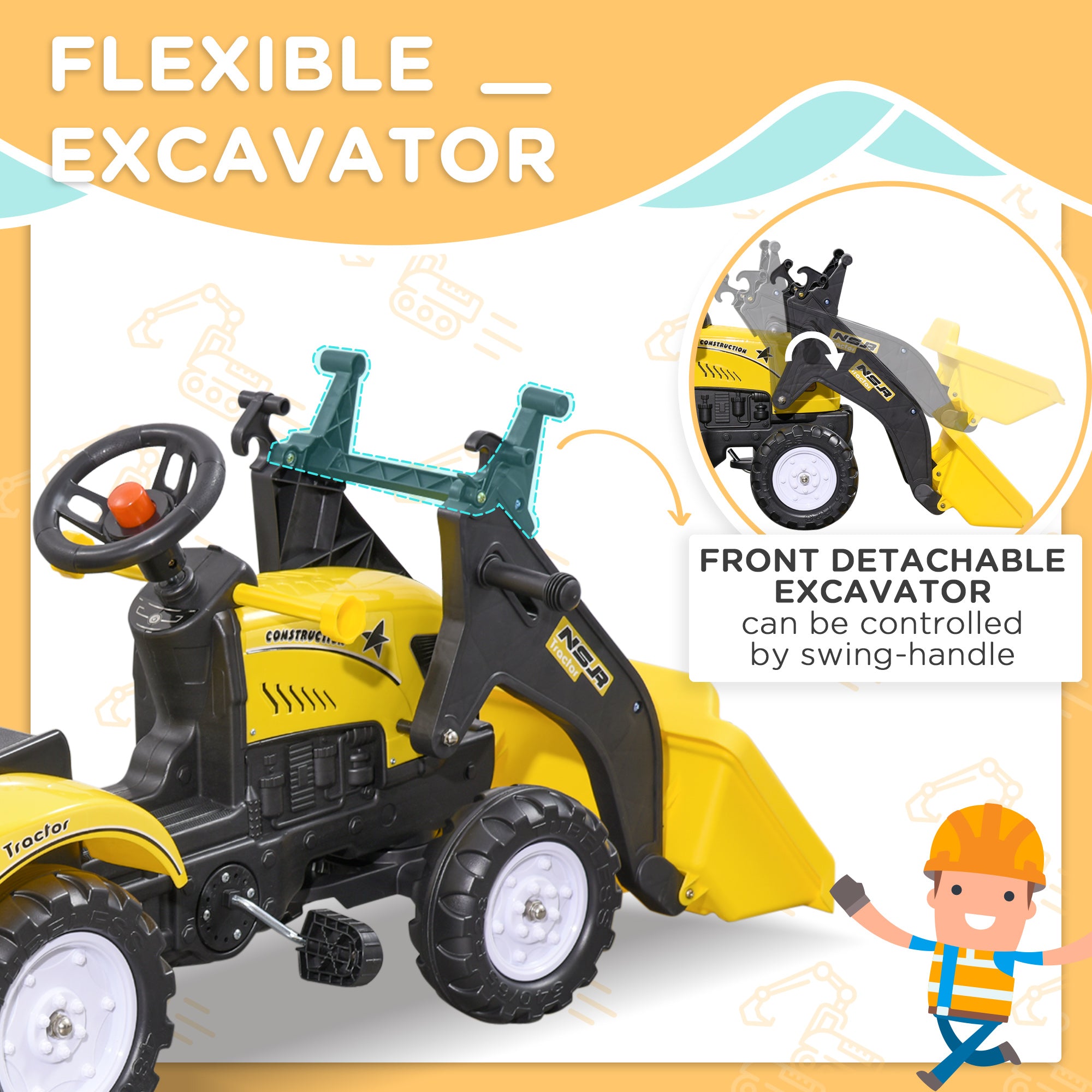 HOMCOM Kids Pedal Go Kart Excavator-Yellow - anydaydirect