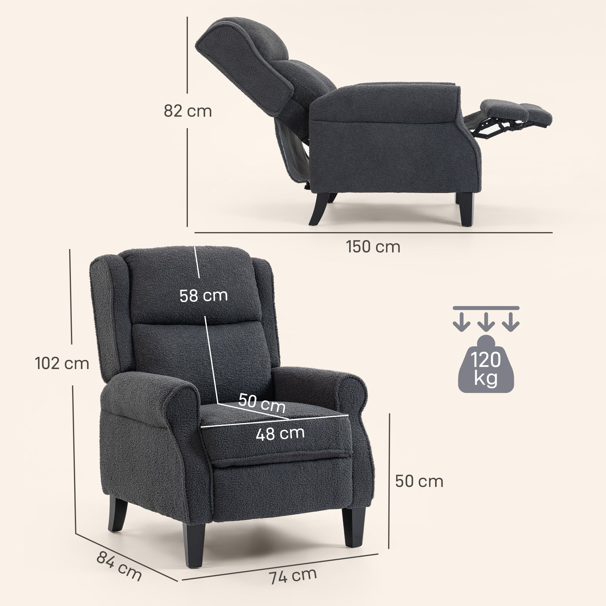 HOMCOM 132° Recliner Armchair, with Extended Footrest - Dark Grey - anydaydirect