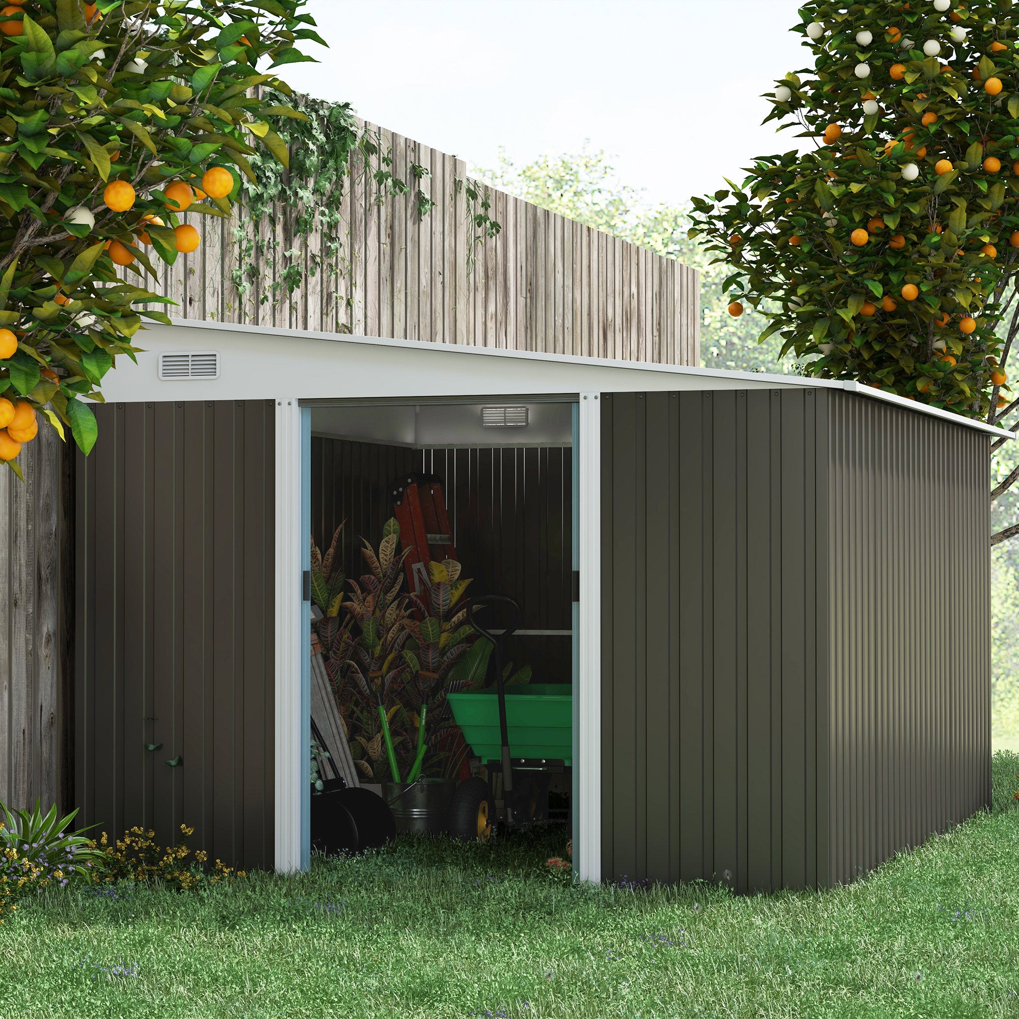 Outsunny 11 x 9 ft Metal Garden Storage Shed Sloped roof Tool House with Double Sliding Doors and 2 Air Vents, Grey - anydaydirect