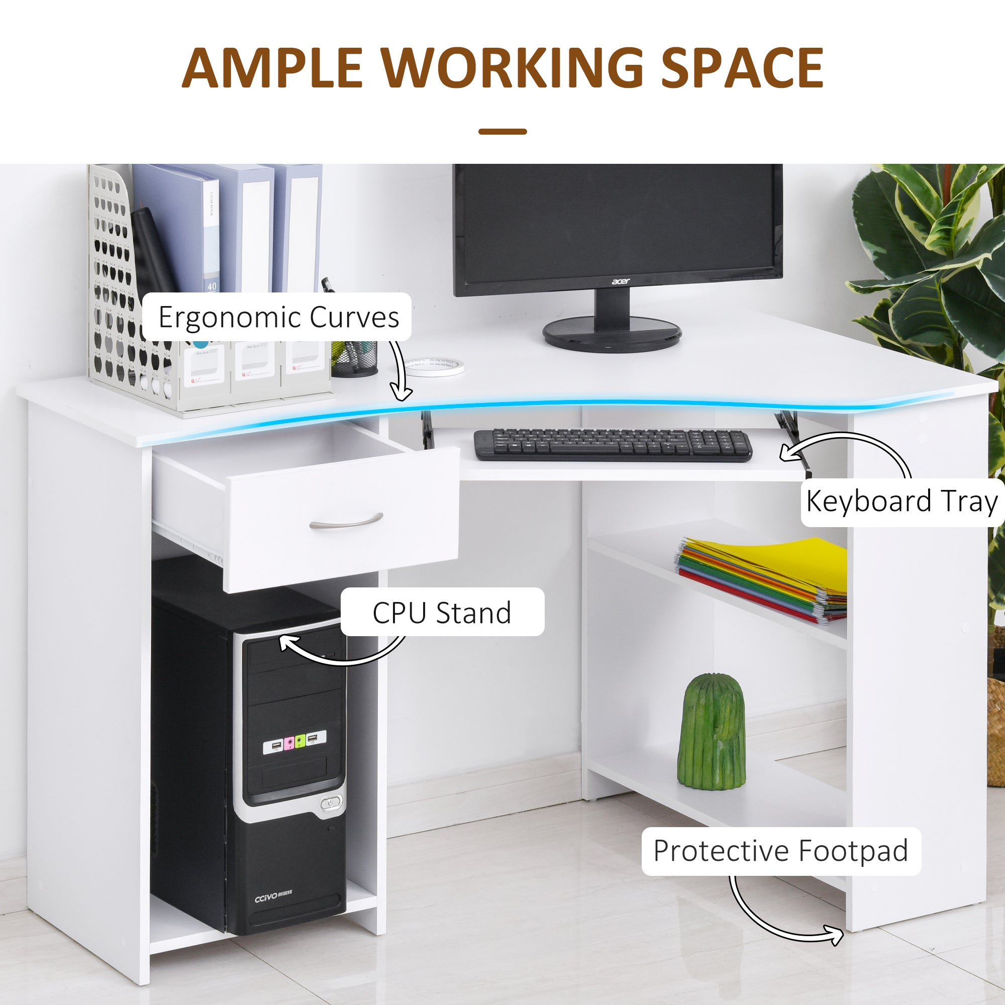 HOMCOM L-Shaped Corner Computer Desk w/ 2 Shelves Wide Worktop Keyboard Tray Drawer & CPU Stand Home Office Study Bedroom Furniture White - anydaydirect