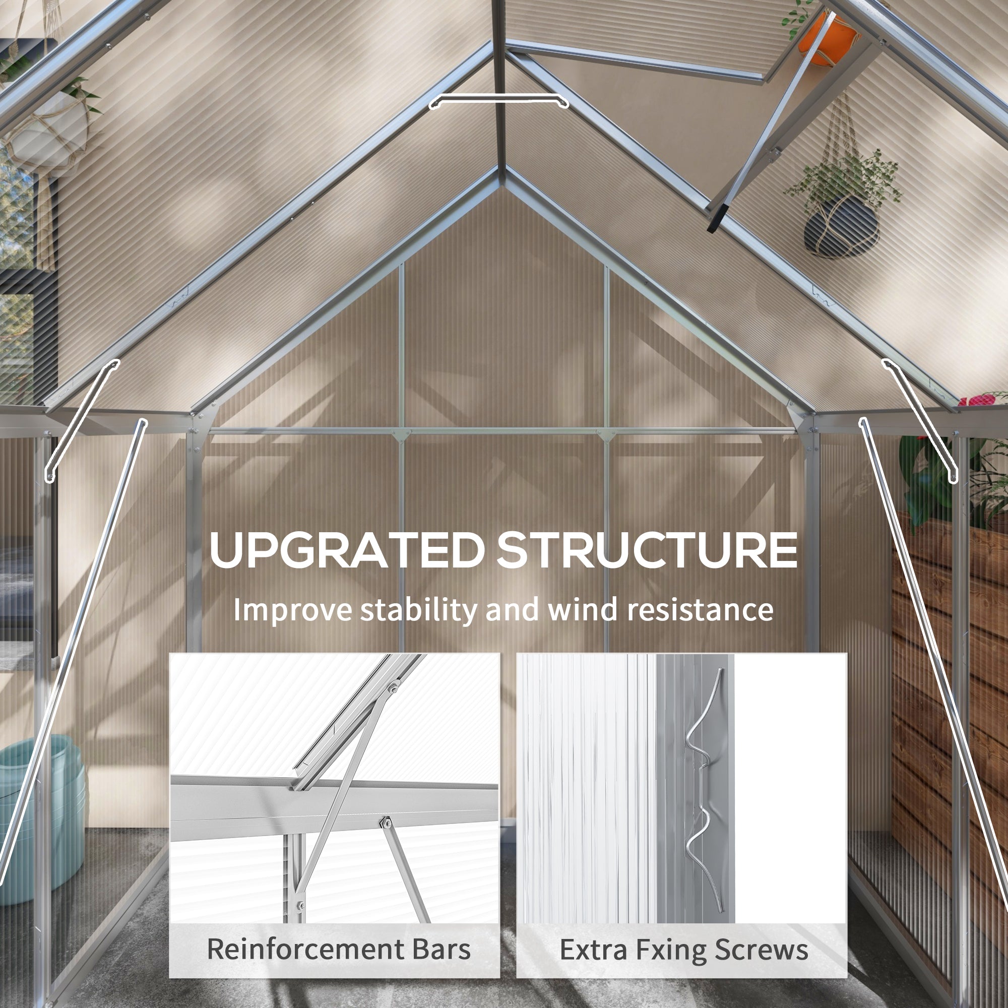 Outsunny 6 x 6ft Walk-In Greenhouse, Polycarbonate Greenhouse with Sliding Door, Window, Aluminium Frame, Foundation, Silver - anydaydirect