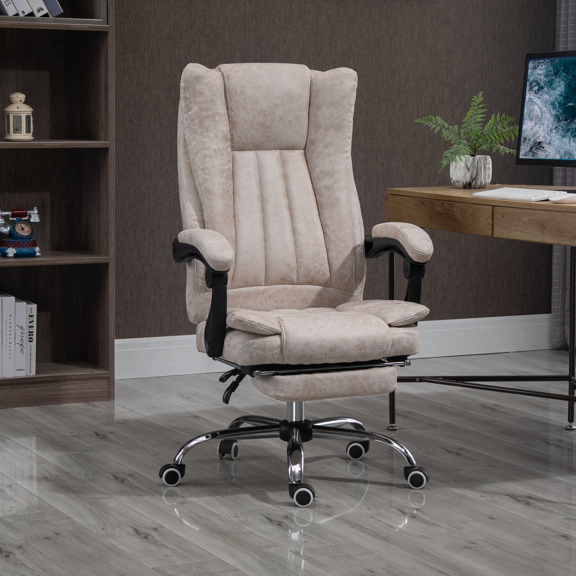 Vinsetto Home Office Chair Microfibre Desk Chair with Reclining Function Armrests Swivel Wheels Footrest Beige - anydaydirect
