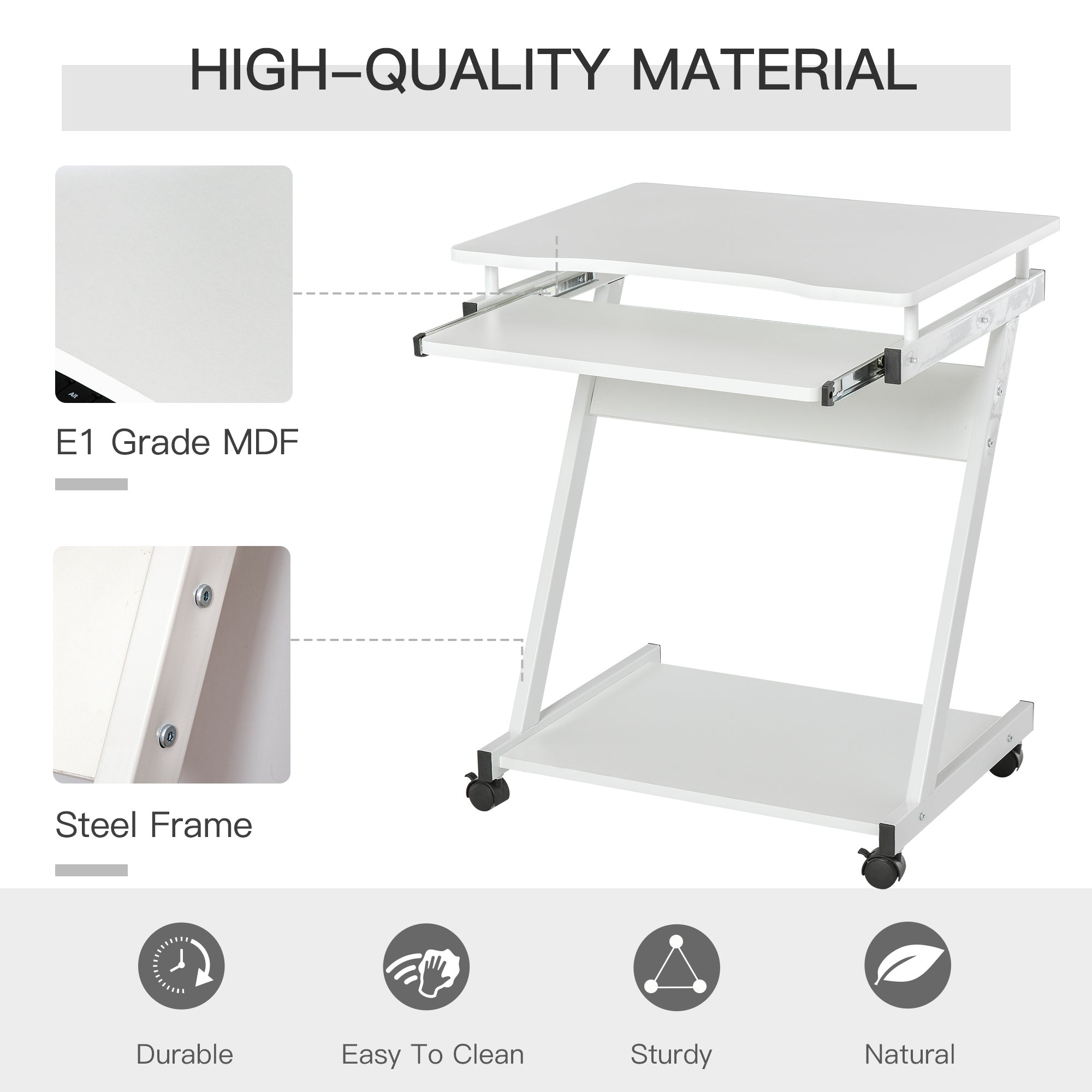 HOMCOM Movable Computer Desk with 4 Moving Wheels Sliding Keyboard Tray Home Office Workstation White - anydaydirect