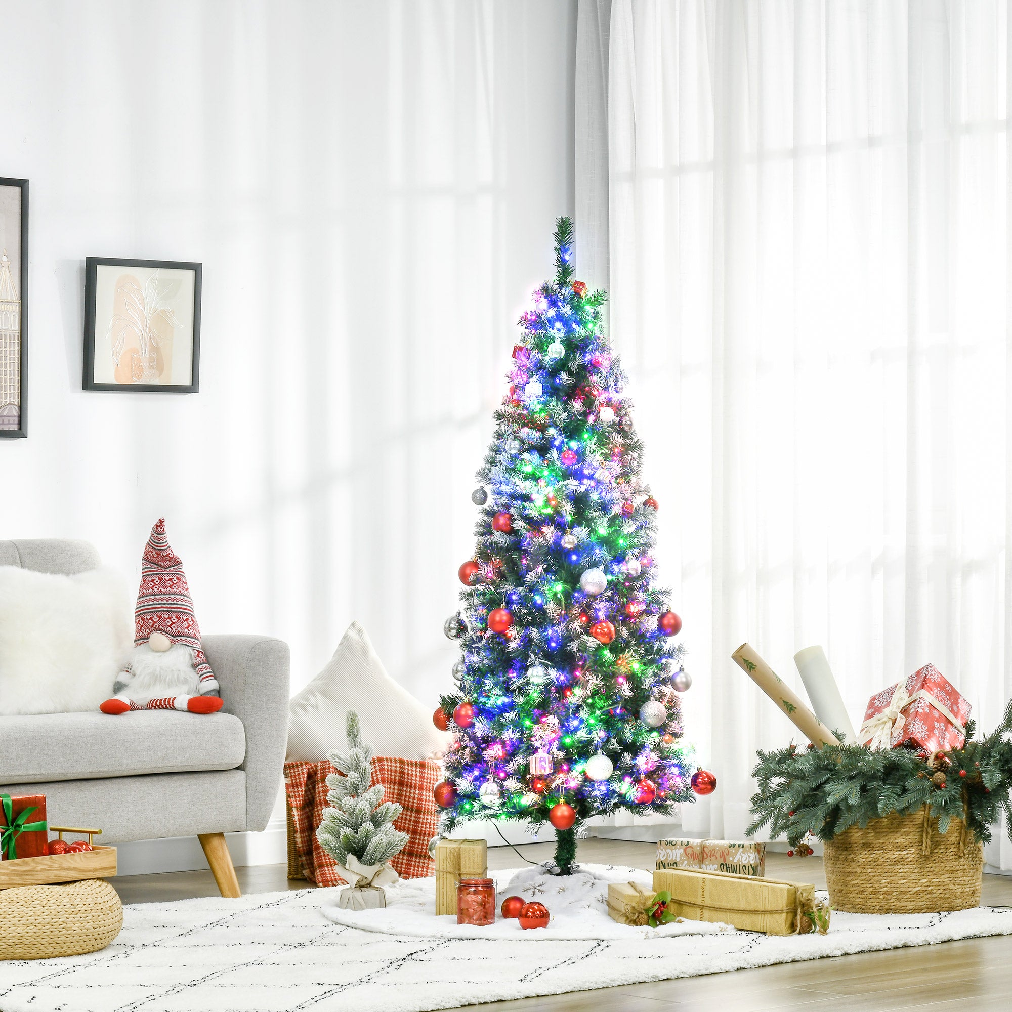 HOMCOM 5' Tall Prelit Pencil Slim Artificial Christmas Tree w/ Realistic Branches, 250 Colourful LED Lights & 408 Tips, Xmas Decoration - anydaydirect