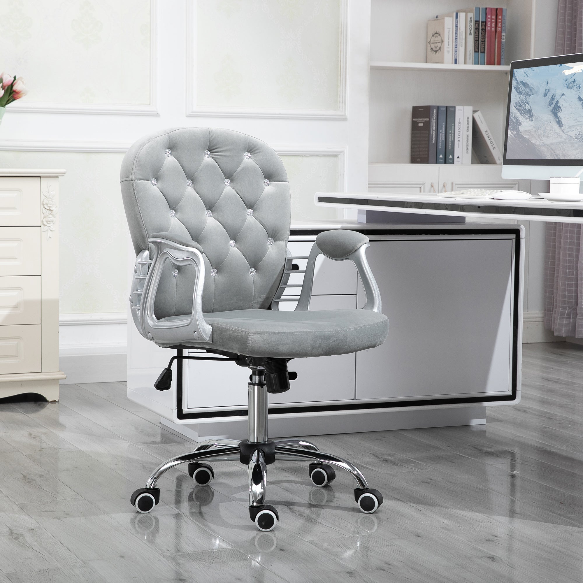 Vinsetto Office Chair, Swivel Desk Chair, Velvet Vanity Chair with Adjustable Height and Rolling Wheels for Home Work Study, Grey - anydaydirect