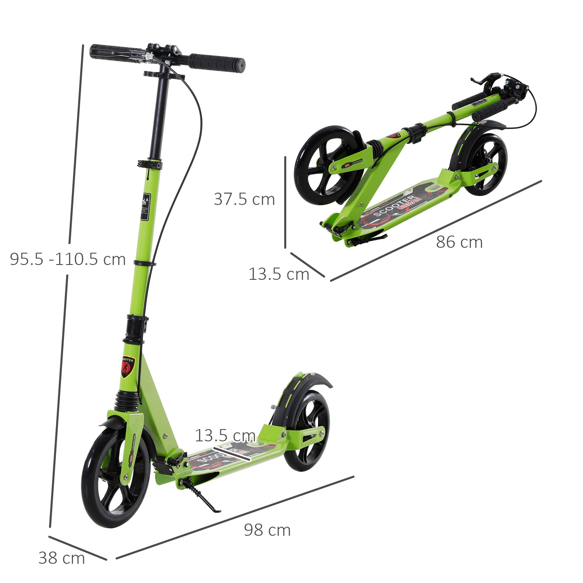 HOMCOM Kick Scooter, Folding 2 Wheel Scooter for 14+ Teens Adults, with Dual Brake System, Dual Suspension, 230mm Big Wheels, 3 Adjustable Handlebar, up to 100KG, Green - anydaydirect