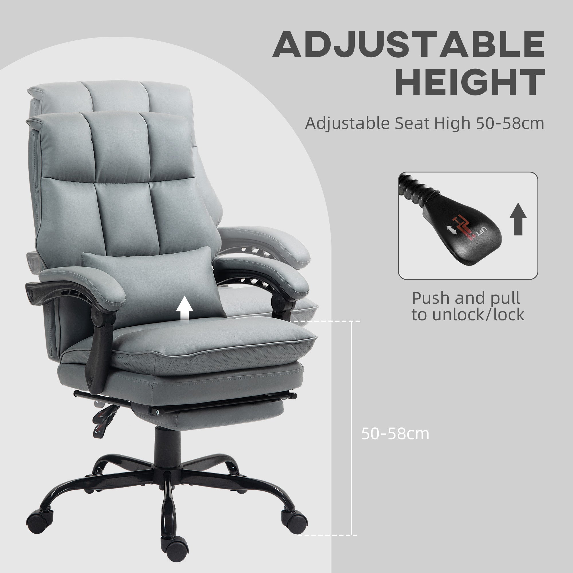 HOMCOM Faux Leather Reclining Office Chair, with Footrest - Grey - anydaydirect