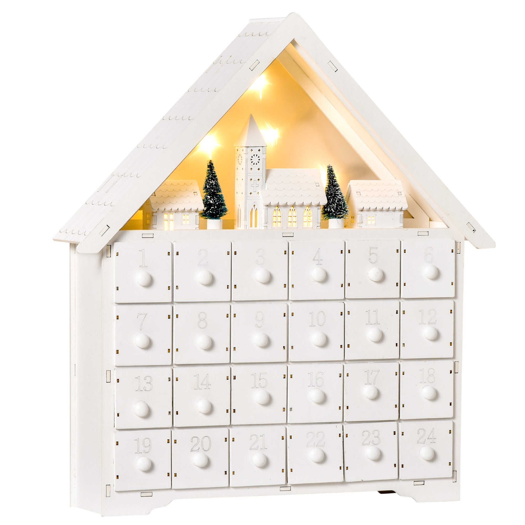 HOMCOM Christmas Advent Calendar, Light Up Table Xmas Wooden House Holiday Decoration with Countdown Drawer, Village, White - anydaydirect