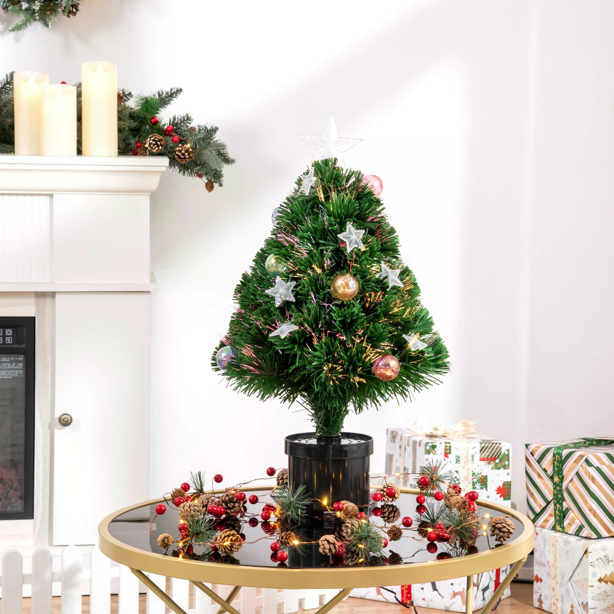 HOMCOM 2FT Pre-lit Artificial Christmas Tree Tabletop Multicoloured Fibre Optic Xmas Decoration w/ LED Lights Pot Table Desk - Green - anydaydirect