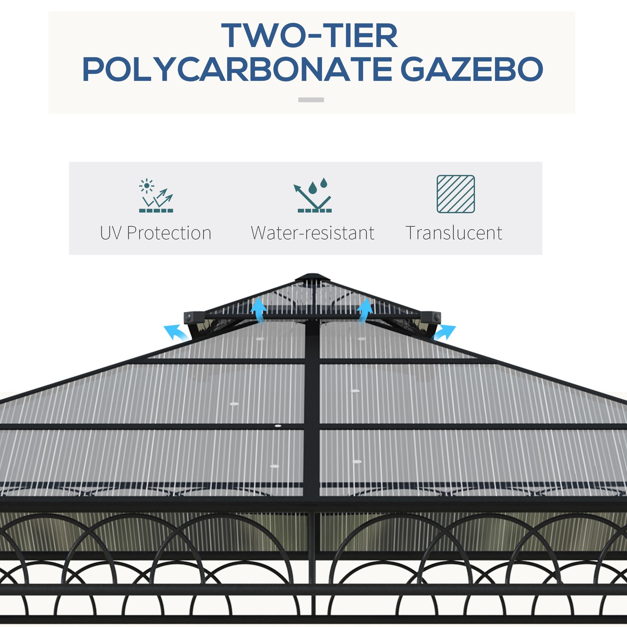 Outsunny 3 x 3 (m) Outdoor Polycarbonate Gazebo, Double Roof Hard Top Gazebo with Galvanised Steel Frame, Nettings & Curtains for Garden, Lawn, Patio and Deck, Khaki - anydaydirect