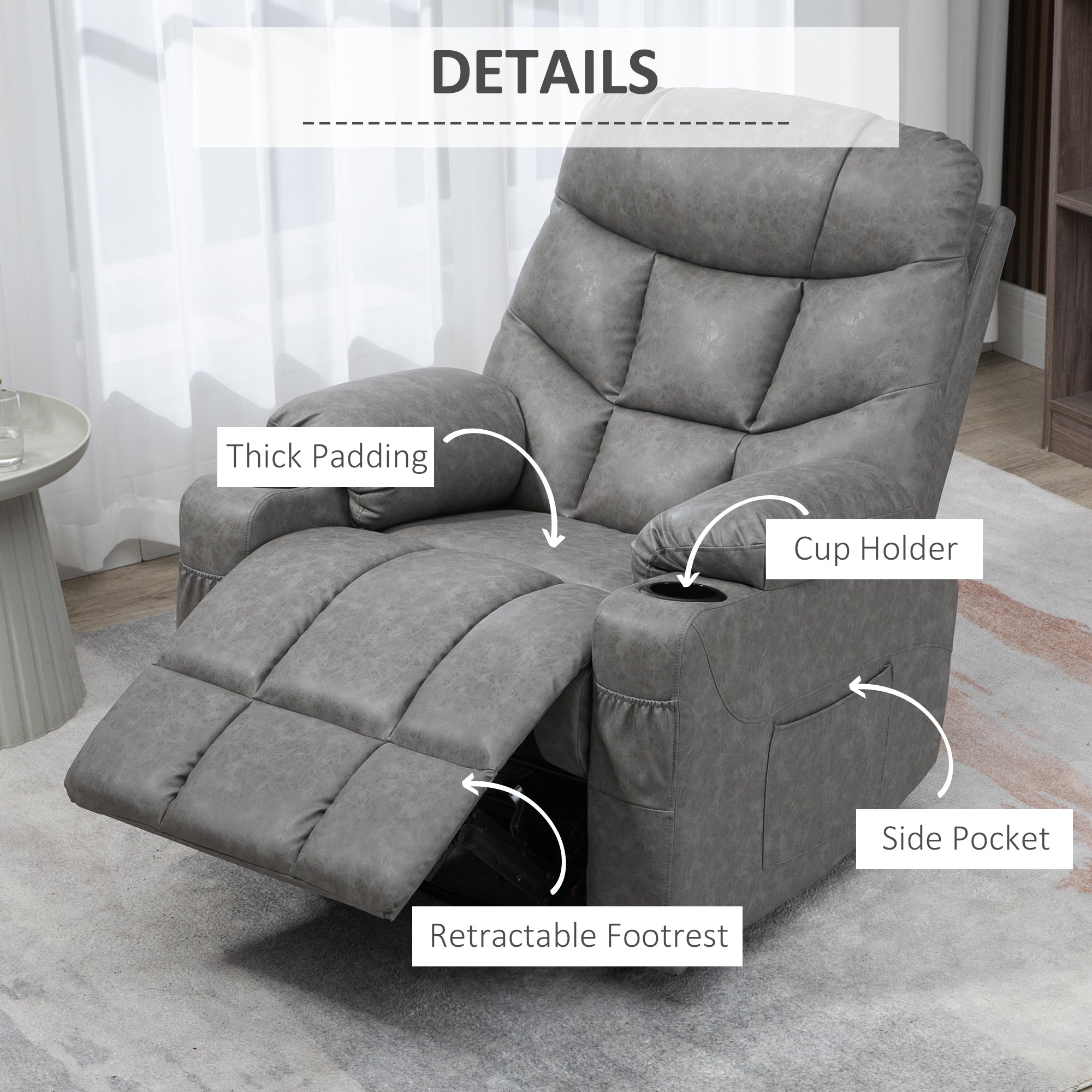 HOMCOM Thick Padded Faux Leather Recliner Armchair - Light Grey - anydaydirect