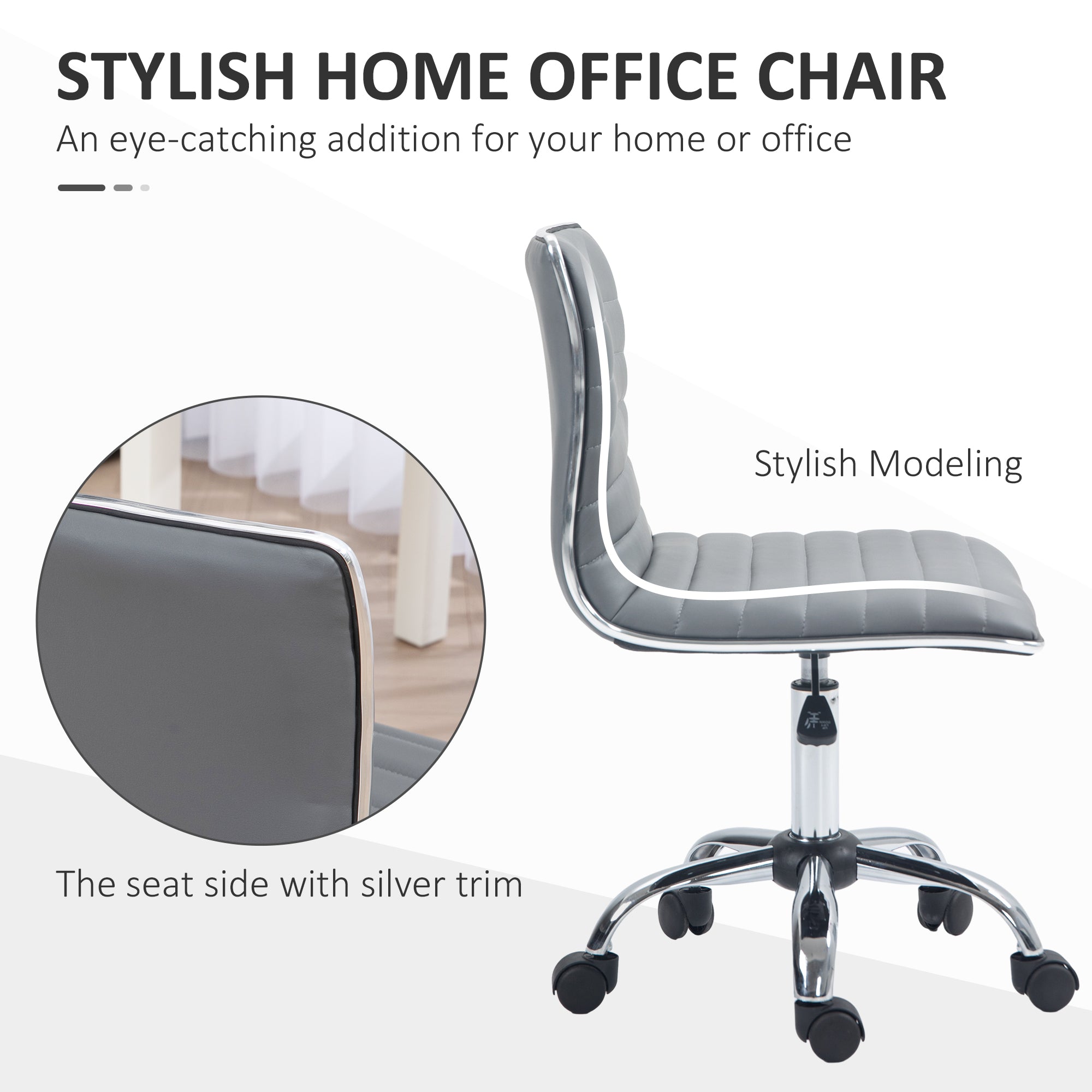 HOMCOM Adjustable Swivel Office Chair with Armless Mid-Back in PU Leather and Chrome Base - Light Grey - anydaydirect