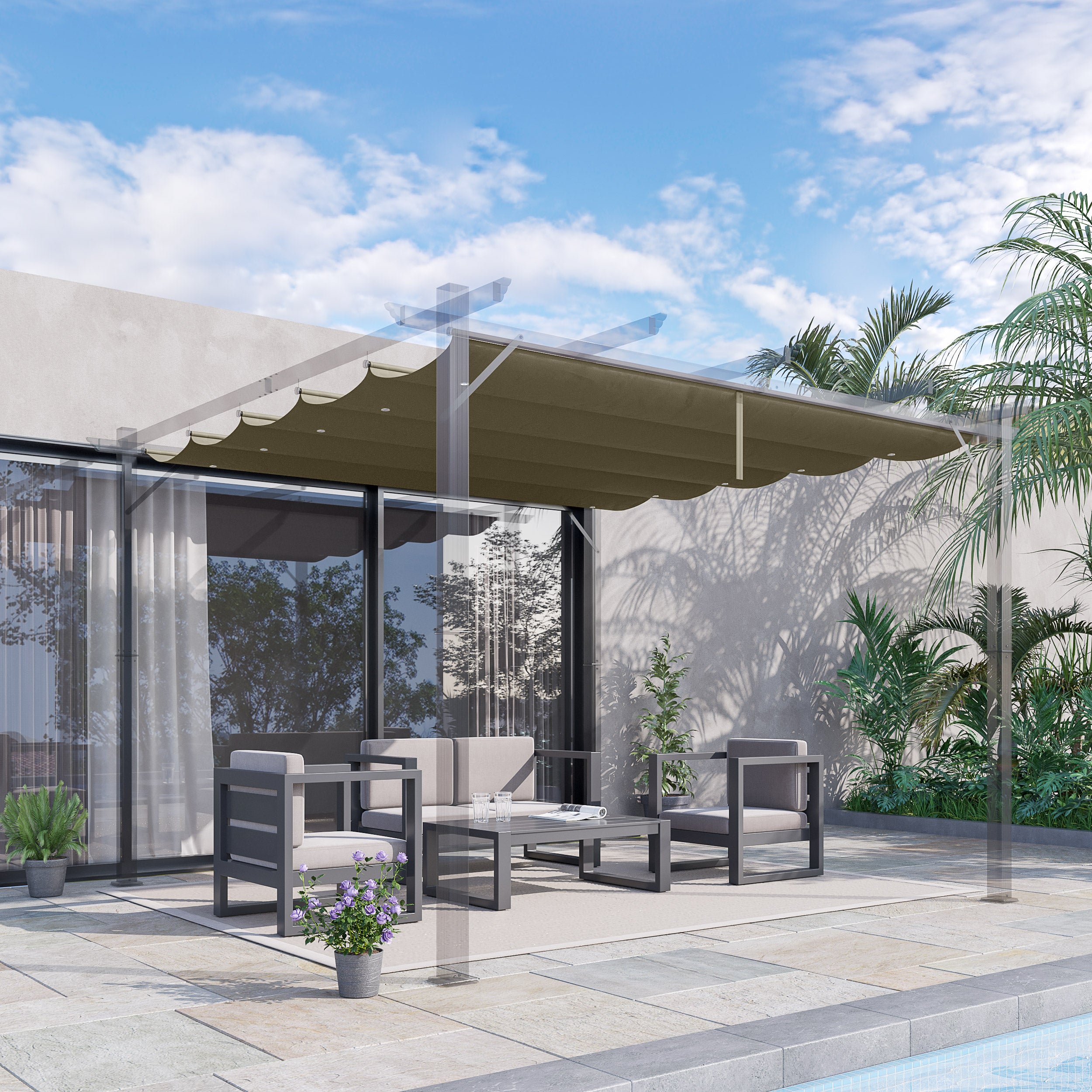 Outsunny Retractable Pergola Shade Cover, Replacement Canopy Fabric for 3 x 3 (m) Pergola, Gazebo Retractable Roof, Tan - anydaydirect