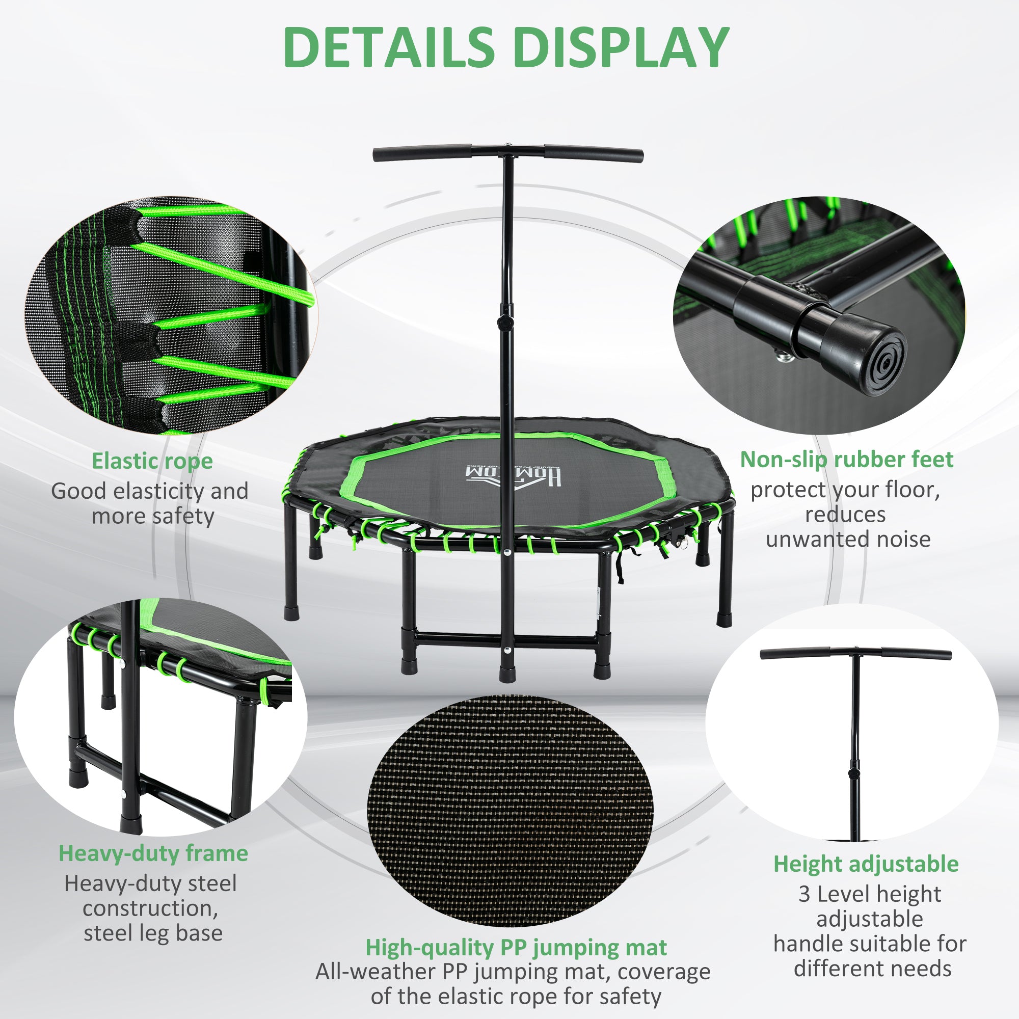 HOMCOM 48" Octagonal Mini Fitness Rebounder Trampoline Indoor Outdoor Foldable Mini Jumper with Adjustable Handle, Green - anydaydirect