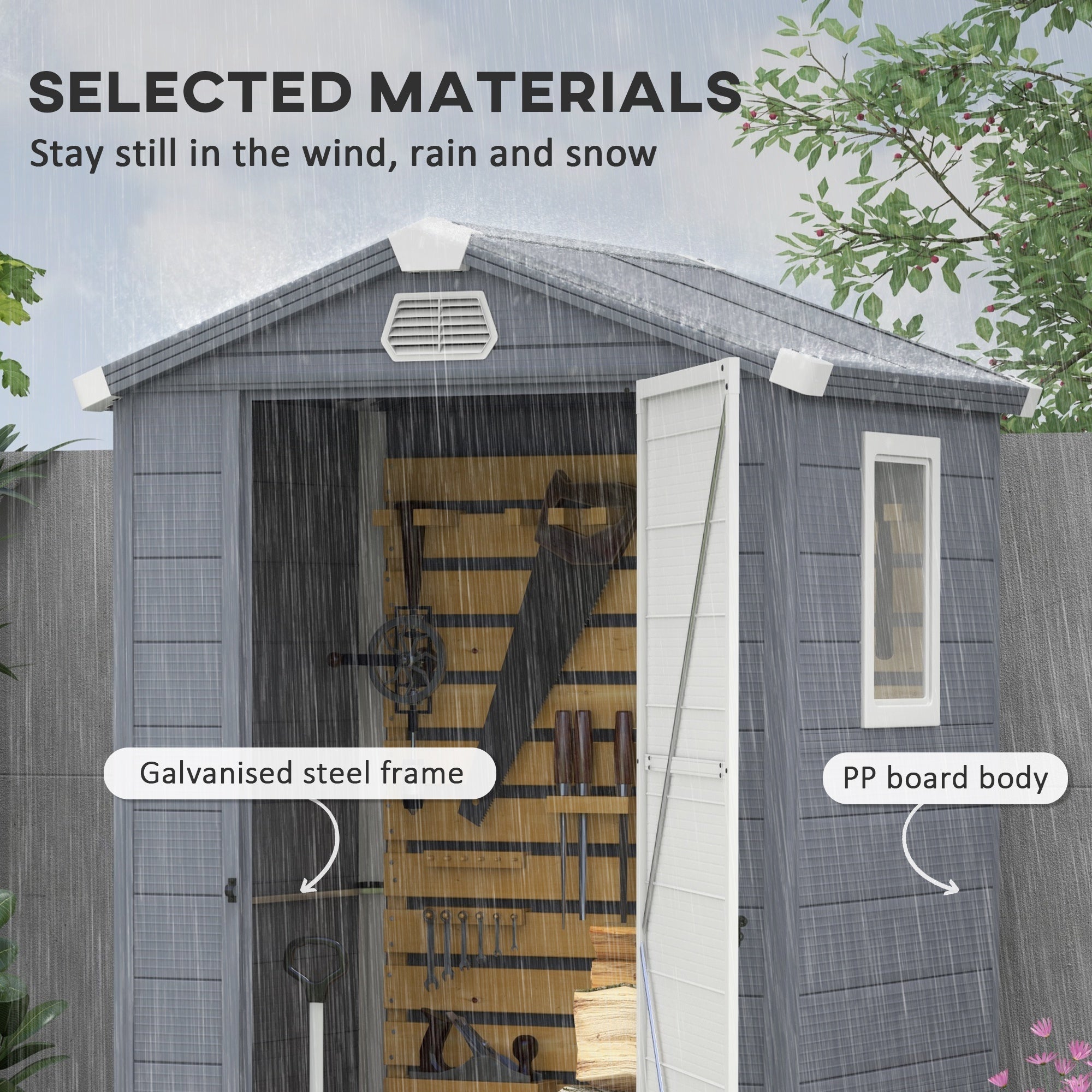 Outsunny 4 x 3ft Garden Shed with Foundation Kit, Polypropylene Outdoor Storage Tool House with Ventilation Slots and Lockable Door, Grey - anydaydirect