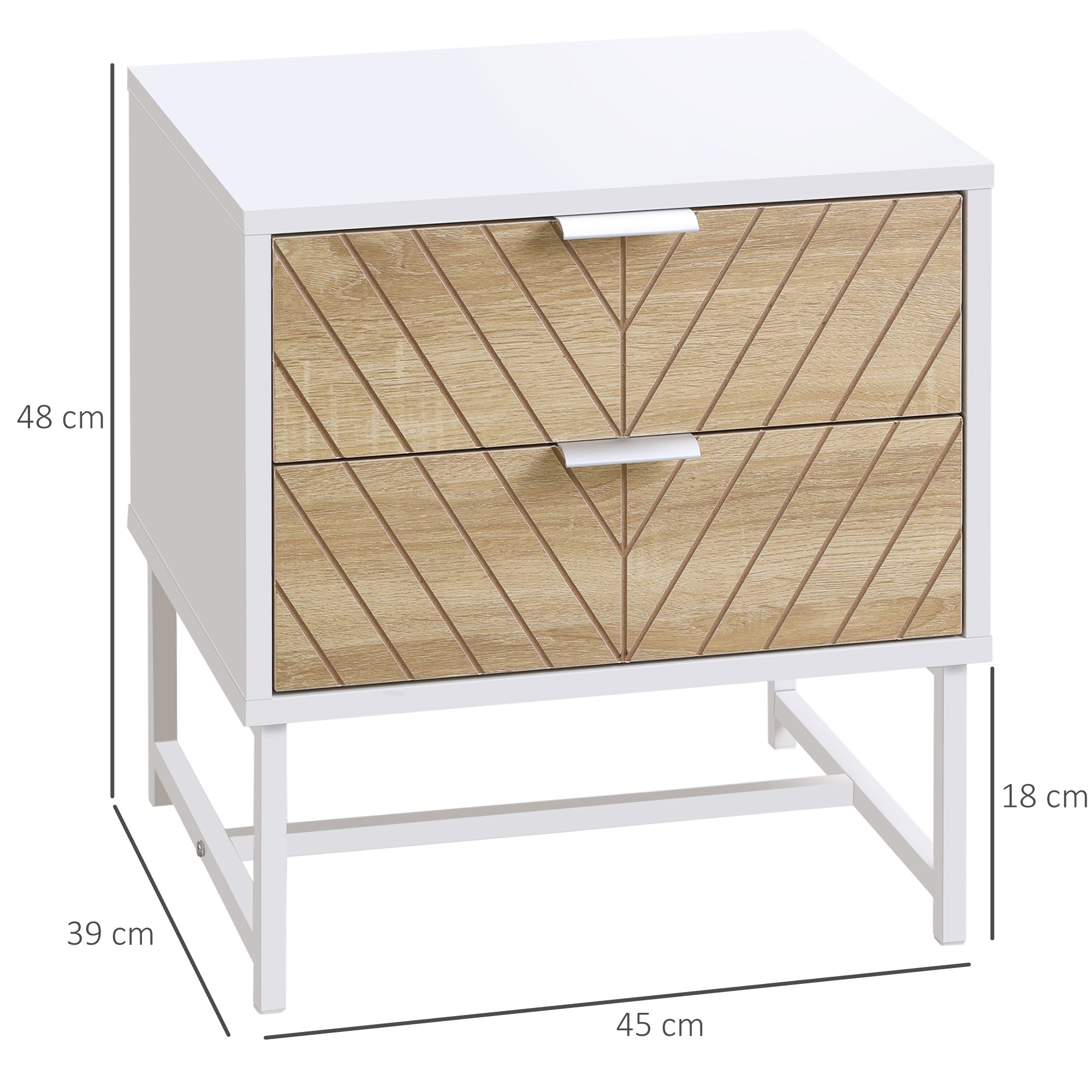 HOMCOM Modern Bedside Table with 2 Drawers and Metal Frame, Sofa Side Table for Bedroom Living Room, White and Oak - anydaydirect