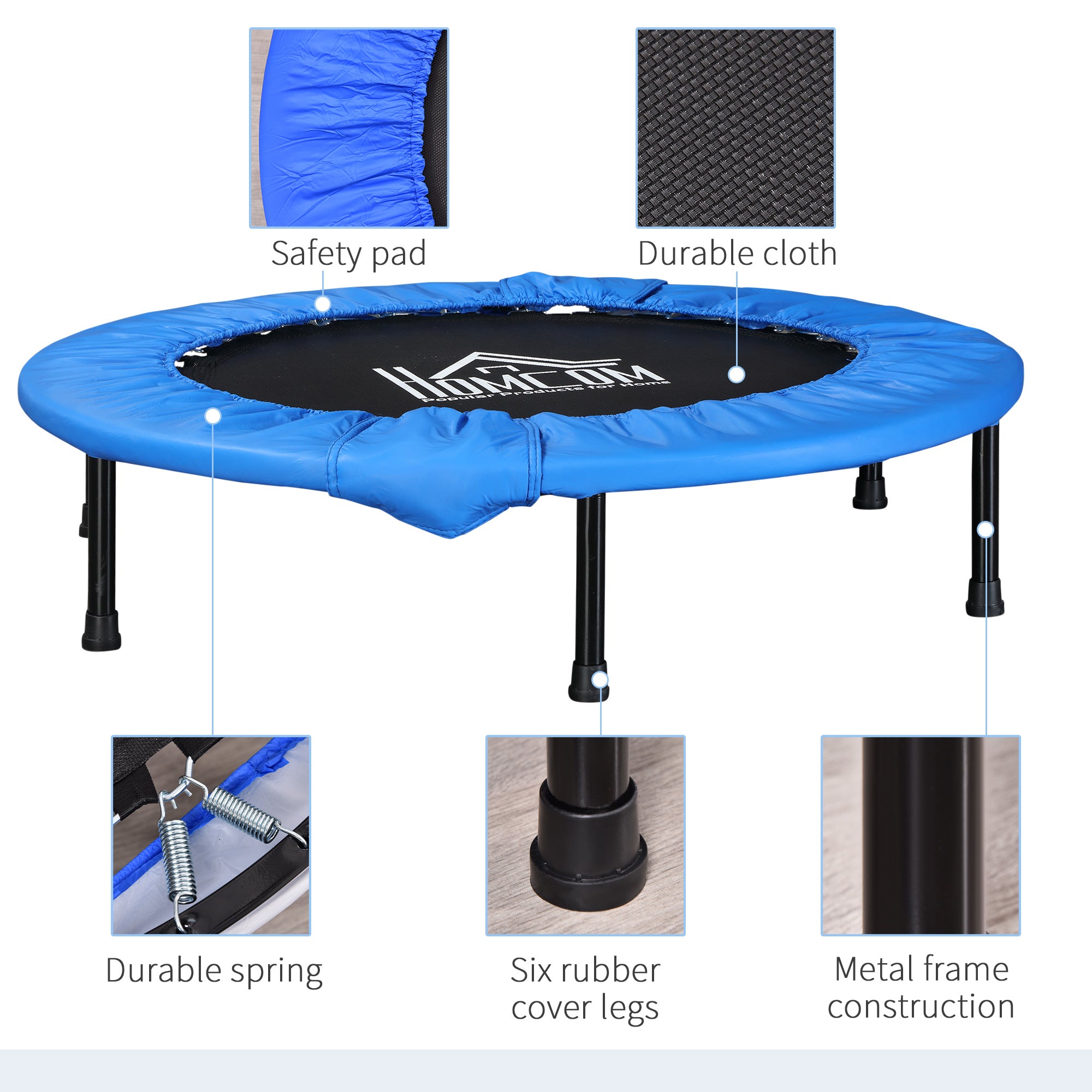 HOMCOM ?101 Mini Fitness Trampoline Home Gym Yoga Exercise Rebounder Indoor Outdoor Jumper with Safety Pad, Support Up to 100 KG, Blue and Black - anydaydirect