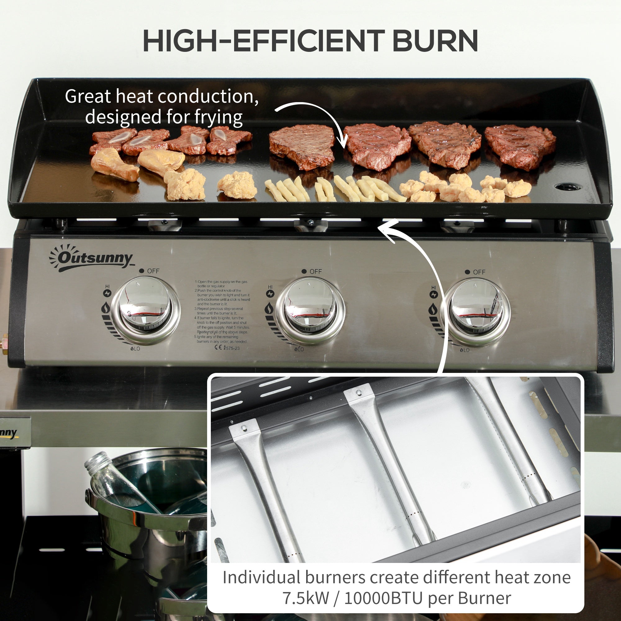 Outsunny 3 Burner Gas Plancha BBQ Grill with Lid, Black - anydaydirect