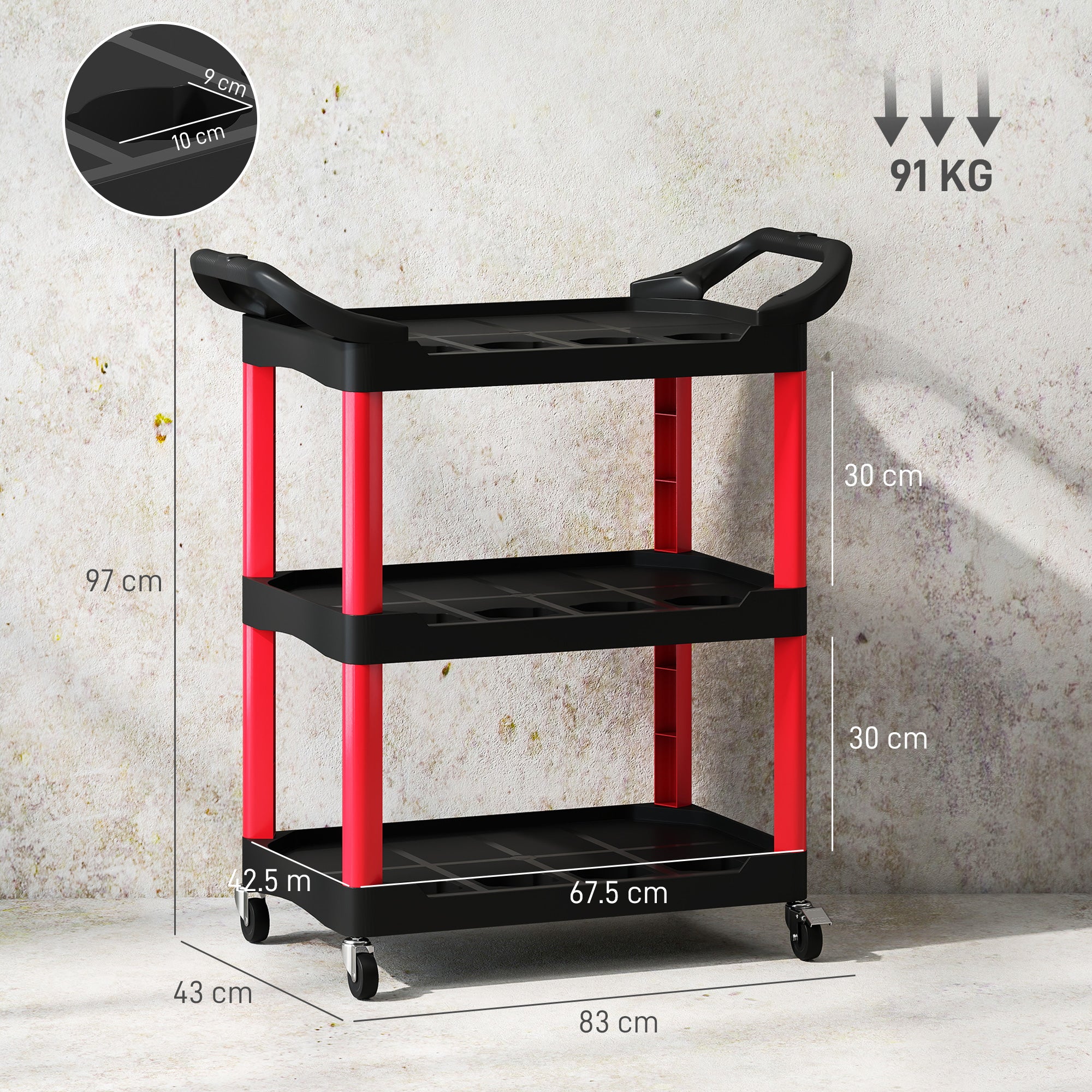 HOMCOM 3-Tier Rolling Tool Cart, Tool Trolley on Wheels, Plastic Mobile Service Utility Cart with Handles for Garage, Mechanics and Warehouse, 91kg Capacity, Black and Red - anydaydirect