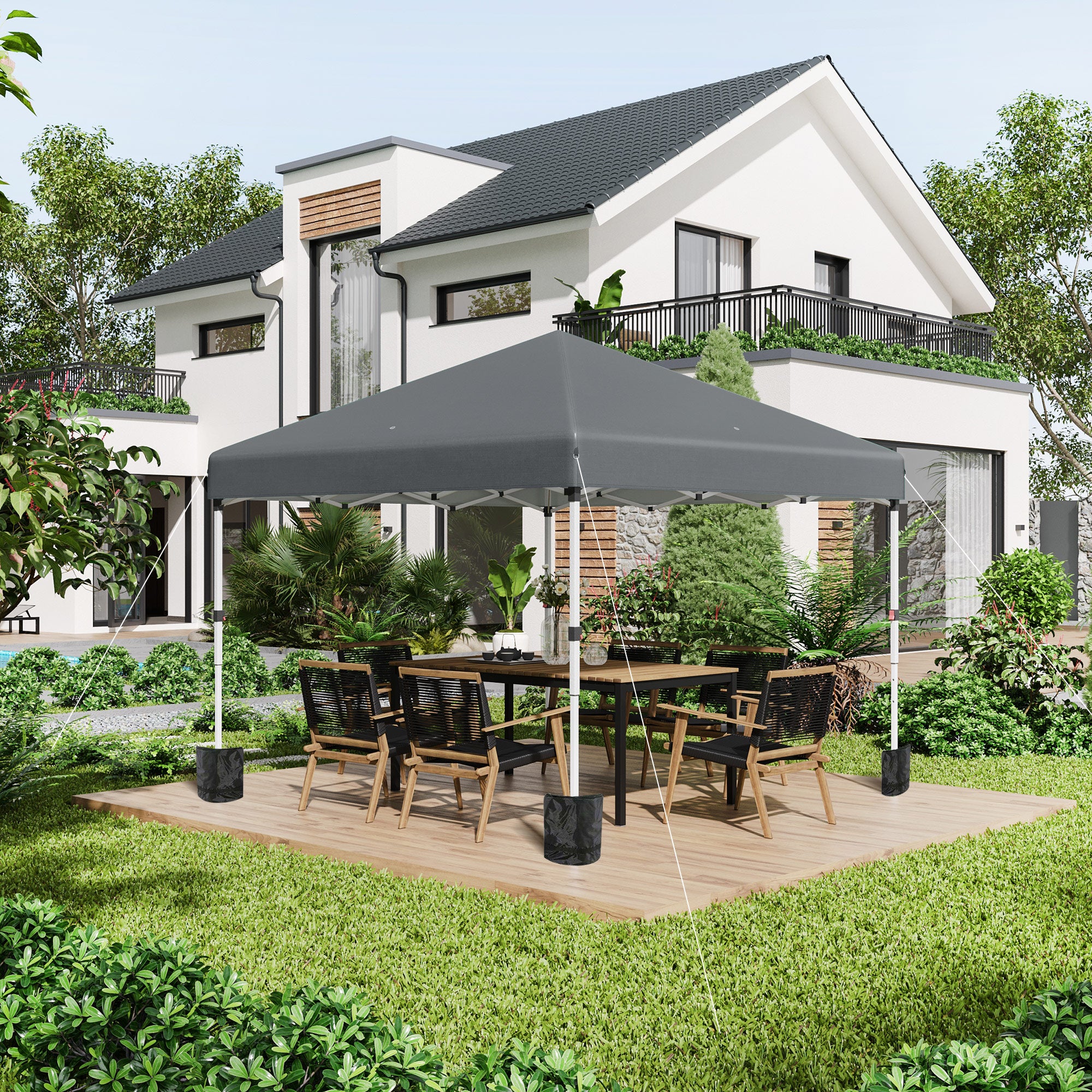 Outsunny 3 x 3 (M) Pop Up Gazebo, UPF 30+ with 2 Sidewalls, Leg Weight Bags and Wheeled Bag, Height Adjustable Party Tent Event Shelter for Garden, Patio, Dark Grey - anydaydirect