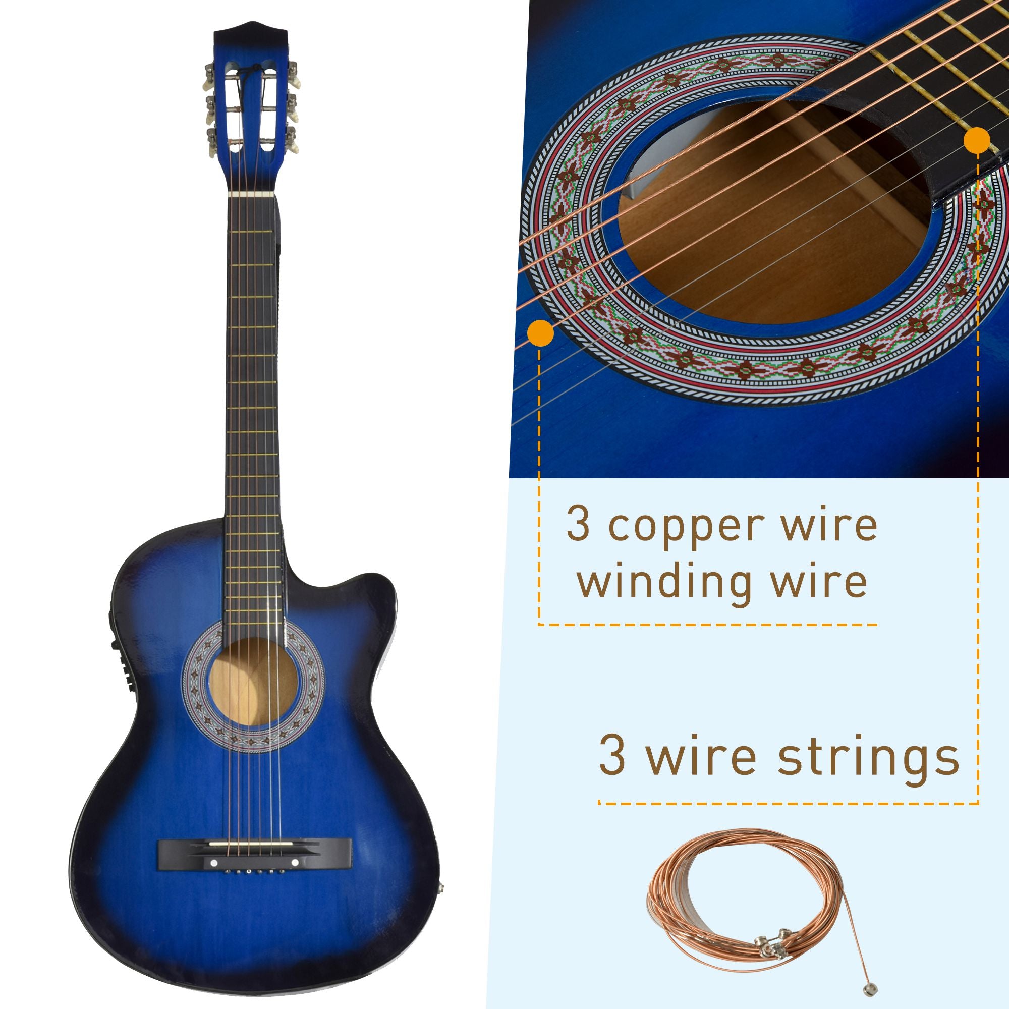 HOMCOM 38 Inch Full Size Blue Classical Acoustic Electric Guitar Kids Guitar and Junior Guitar Premium Gloss Finish w/Case - Blue - anydaydirect