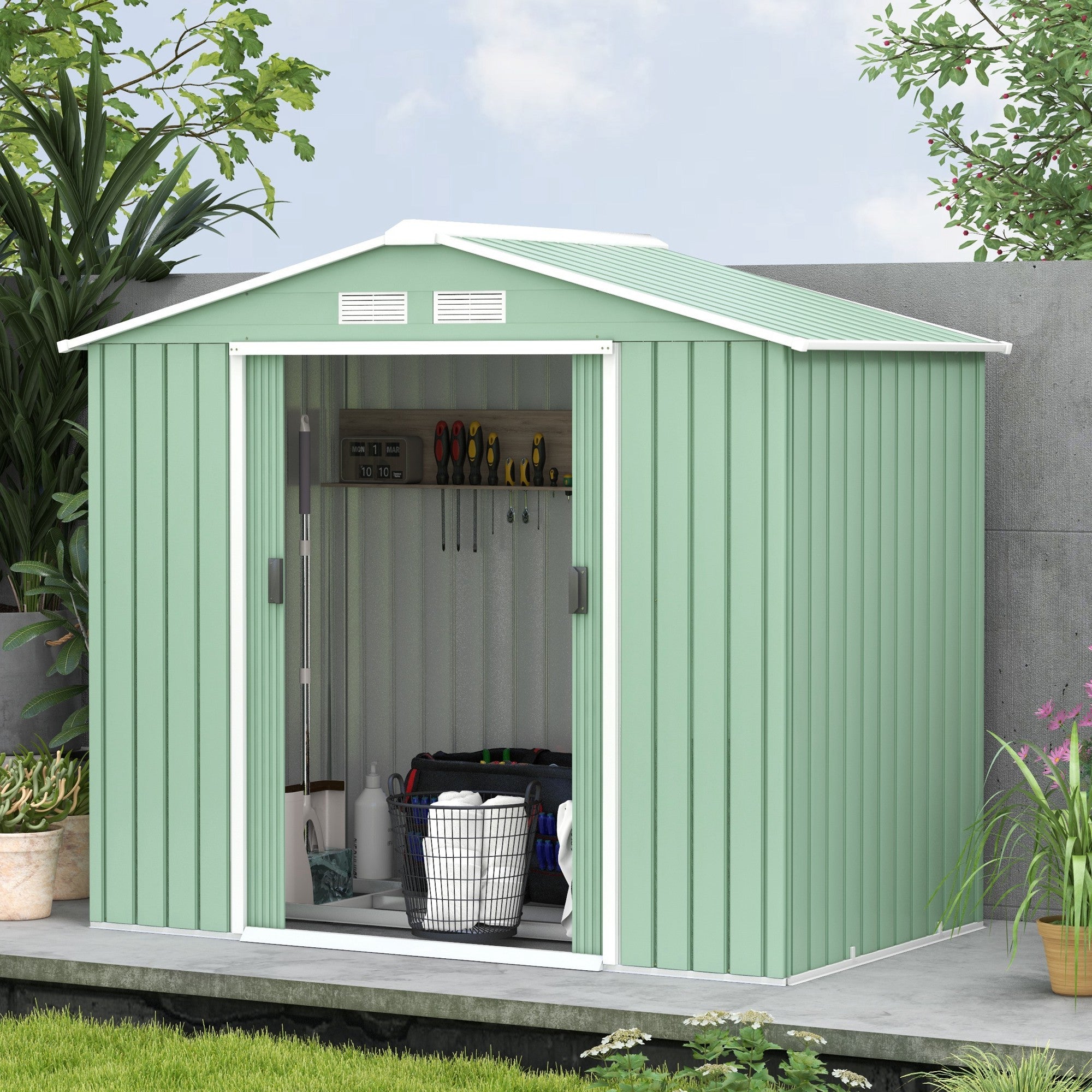 Outsunny 7ft x 4ft Lockable Garden Metal Storage Shed Large Patio Roofed Tool Storage Building Foundation Sheds Box, Light Green - anydaydirect