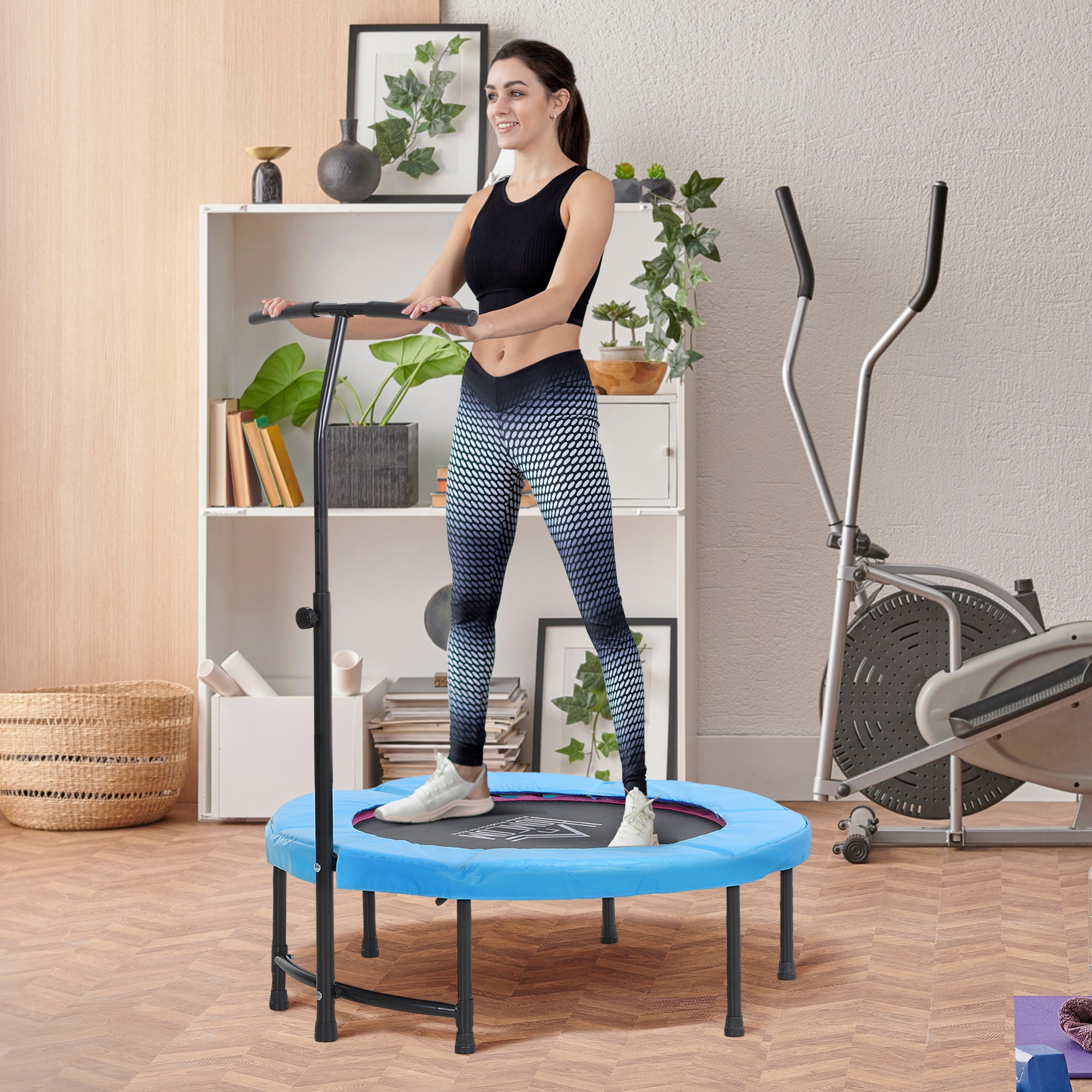 HOMCOM 40" Fitness Trampoline with Adjustable Handle, Rebounder Trampoline, Mini Jumper for Indoor Exercise Workout, Blue - anydaydirect