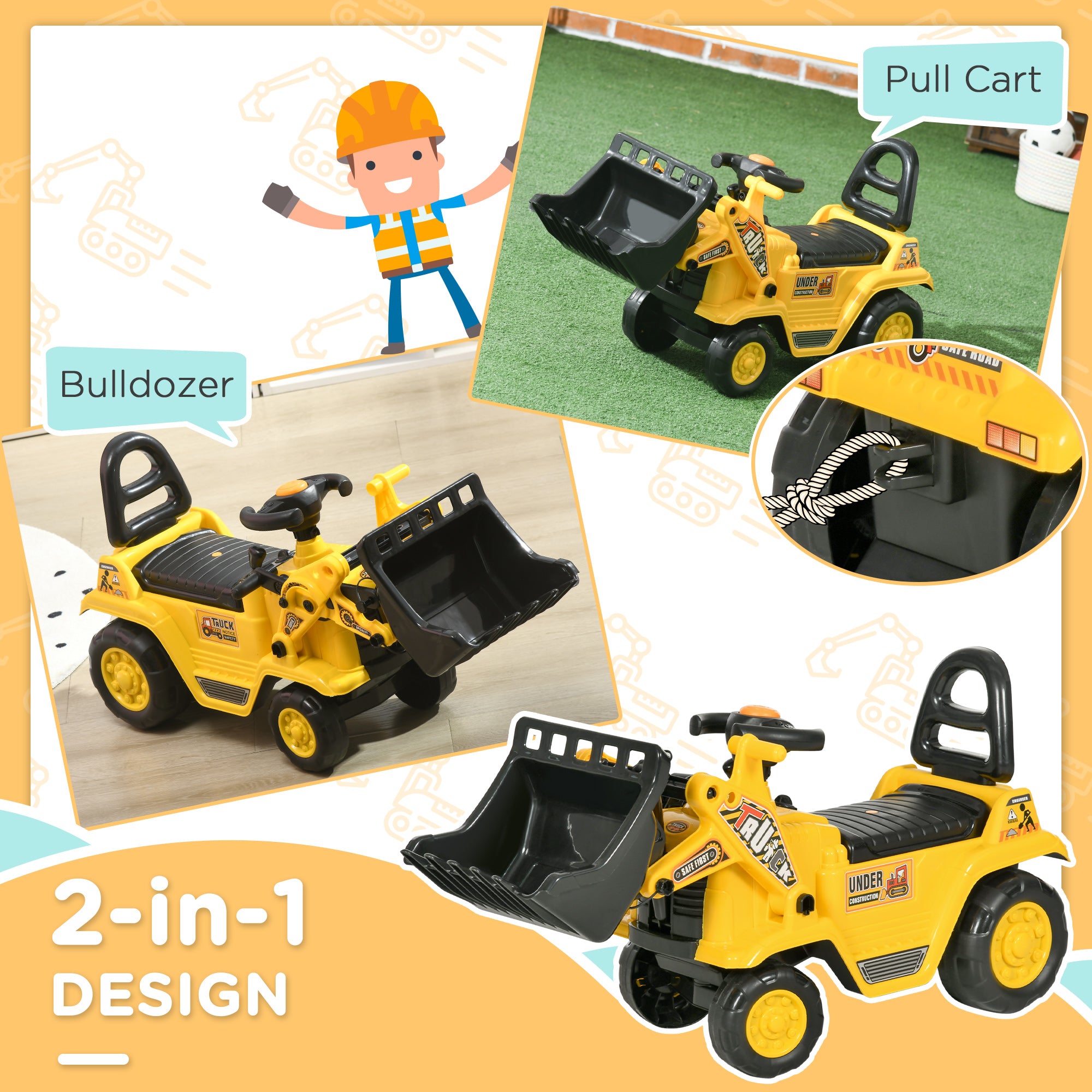 HOMCOM NO POWER 3 in 1 Ride On Toy Bulldozer Digger Tractor Pulling Cart Pretend Play Construction Truck - anydaydirect