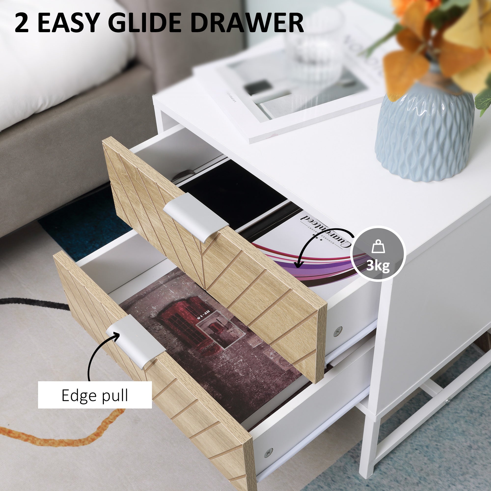 HOMCOM Modern Bedside Table with 2 Drawers and Metal Frame, Sofa Side Table for Bedroom Living Room, White and Oak - anydaydirect