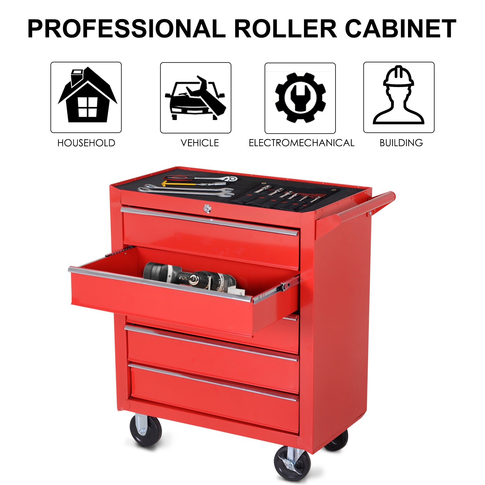 DURHAND 5-Drawer Lockable Tool Storage Cabinet with Wheels, Handle, 2 Keys, Steel Home Work DIY Workshop Chest, Garage Equipment Trolley, Red - anydaydirect