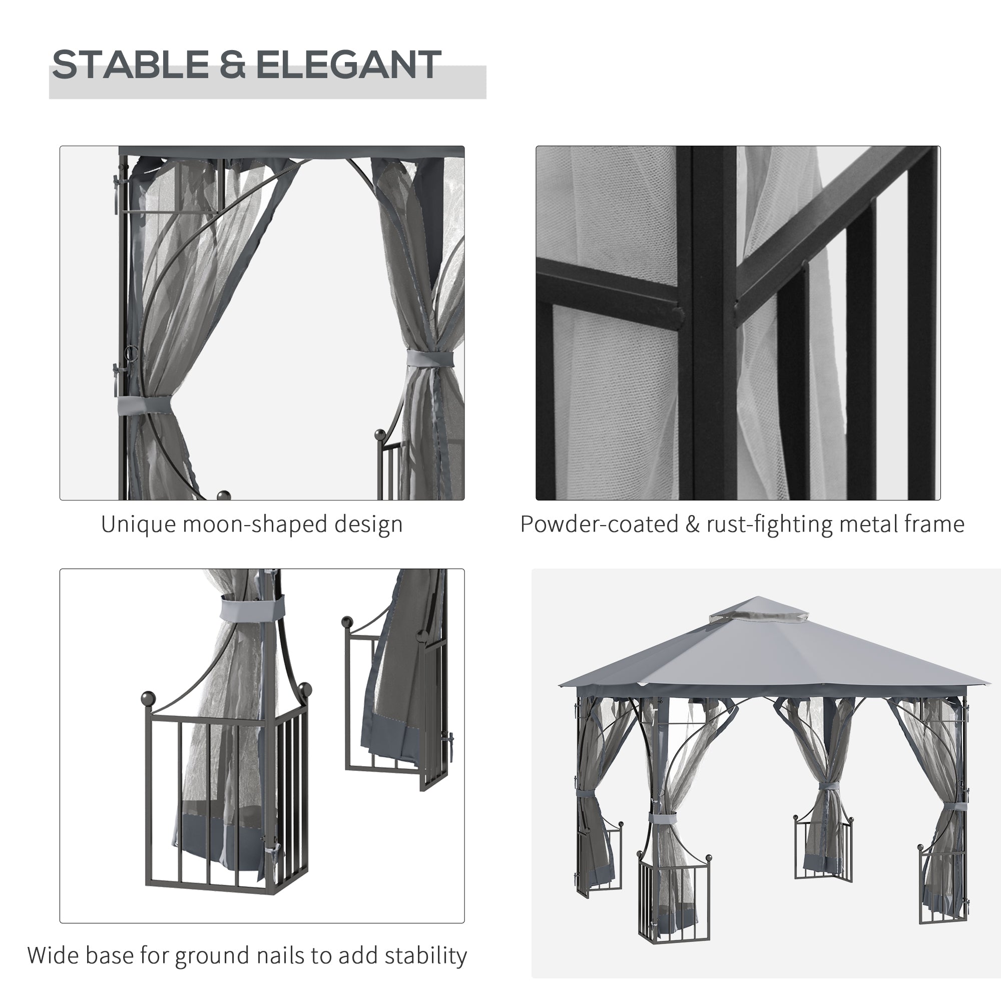 Outsunny 3 x 3(m) Garden Gazebo Patio Party Tent Shelter Outdoor Canopy Double Tier Sun Shade Metal Frame Netting, Light Grey - anydaydirect