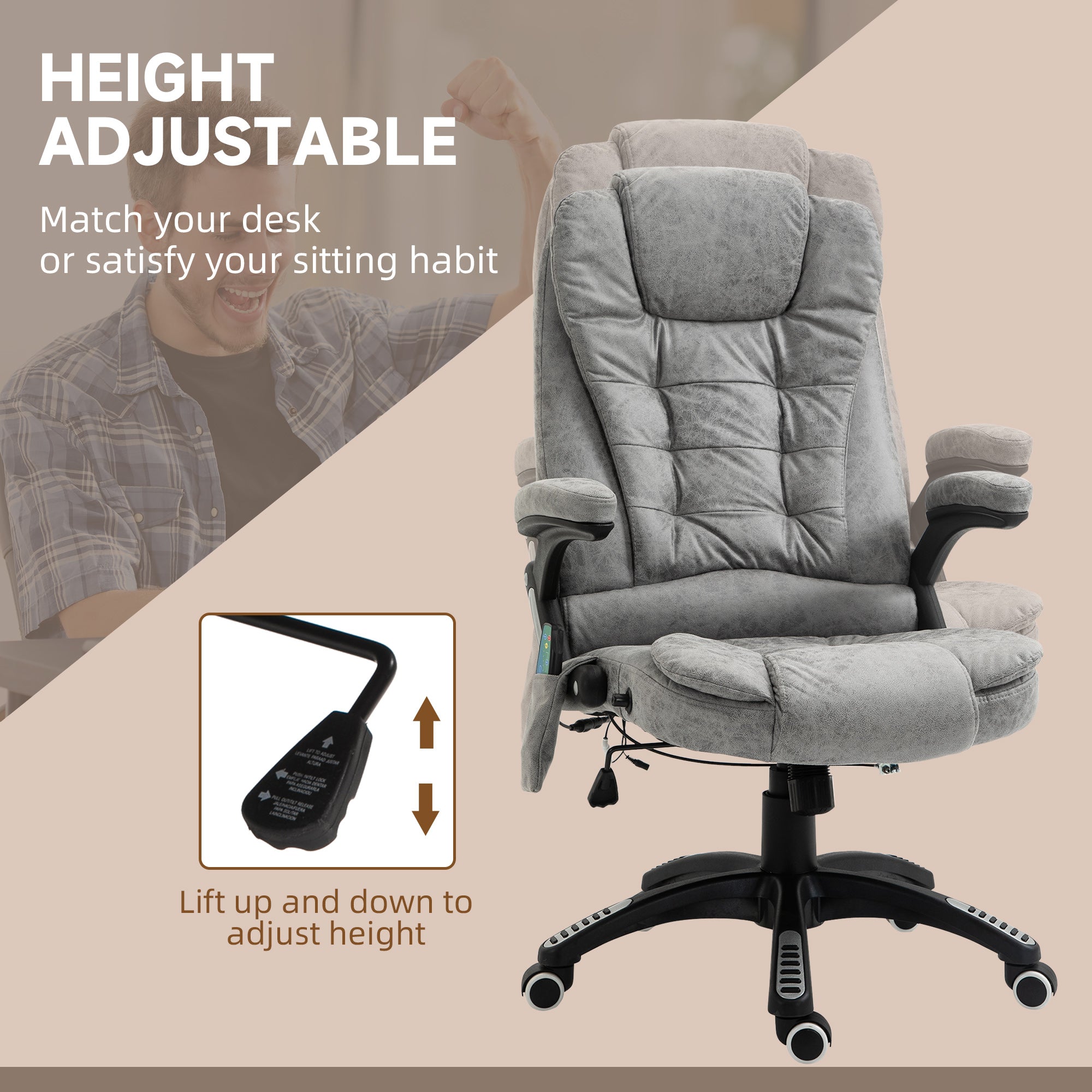 Vinsetto Massage Recliner Chair Heated Office Chair with Six Massage Points Microfiber Cloth 360° Swivel Wheels Grey - anydaydirect
