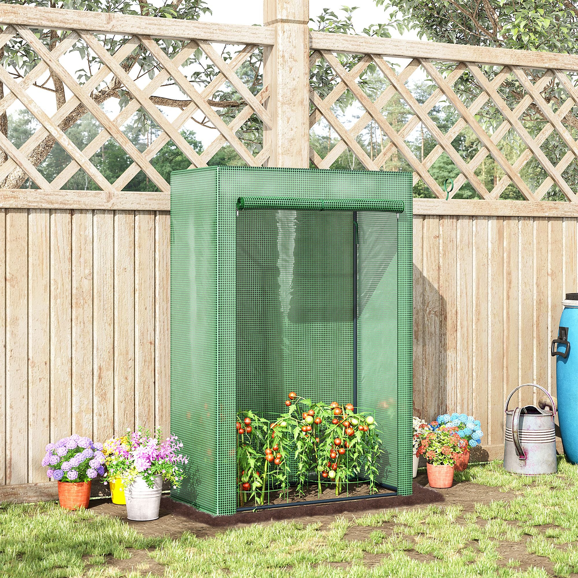 Outsunny 100 x 50 x 150cm Tomato Greenhouse Steel Frame PE Cover with Roll-up Door Outdoor for Backyard, Balcony, Garden, Green - anydaydirect
