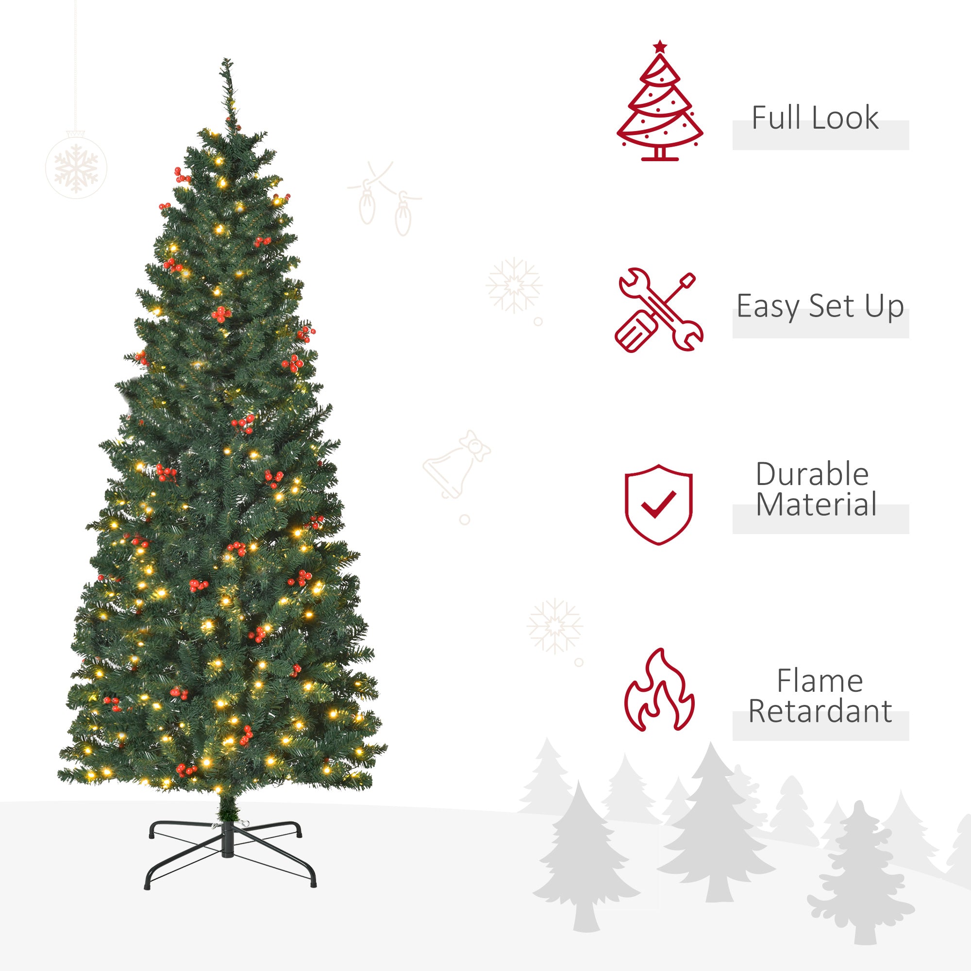 HOMCOM 6FT Prelit Artificial Pencil Christmas Tree with Warm White LED Light, Red Berry, Holiday Home Xmas Decoration, Green - anydaydirect