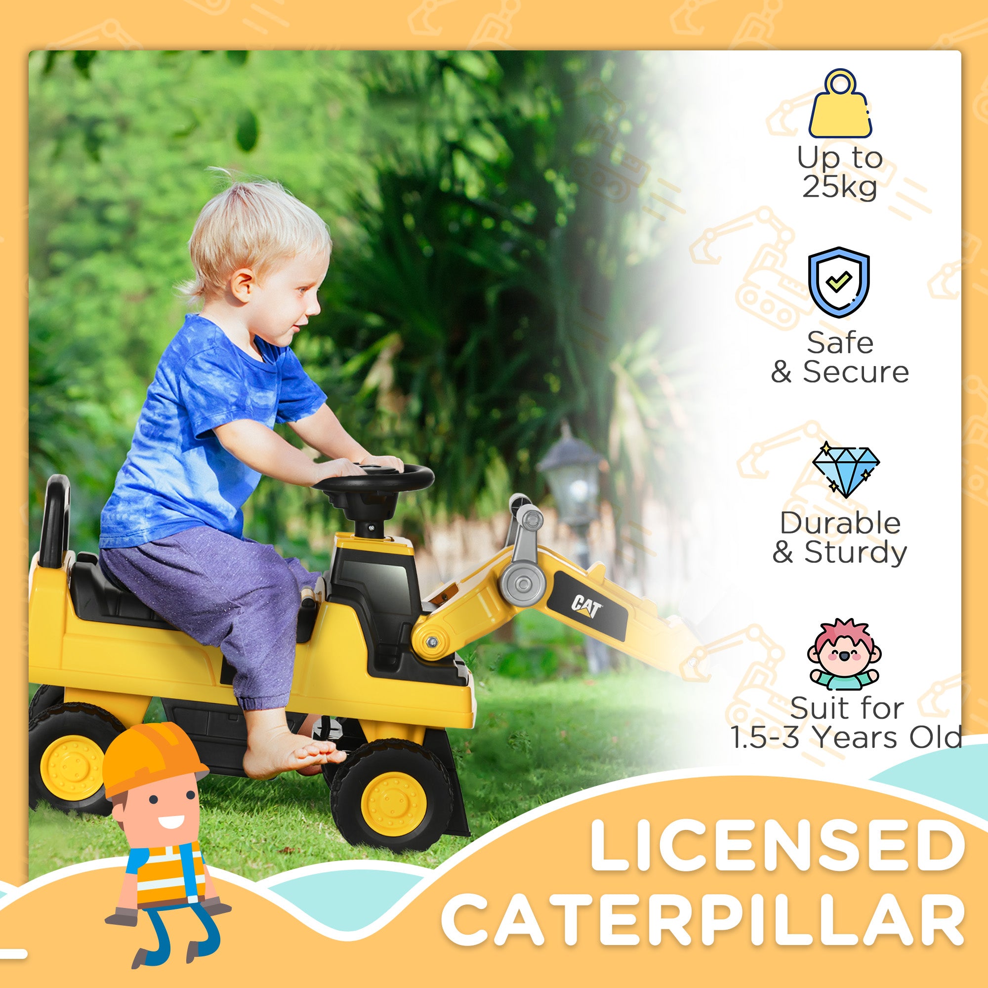 HOMCOM CAT Licensed Construction Digger Ride-On for Kids, Manual Bucket & Under Seat Storage, Yellow - anydaydirect