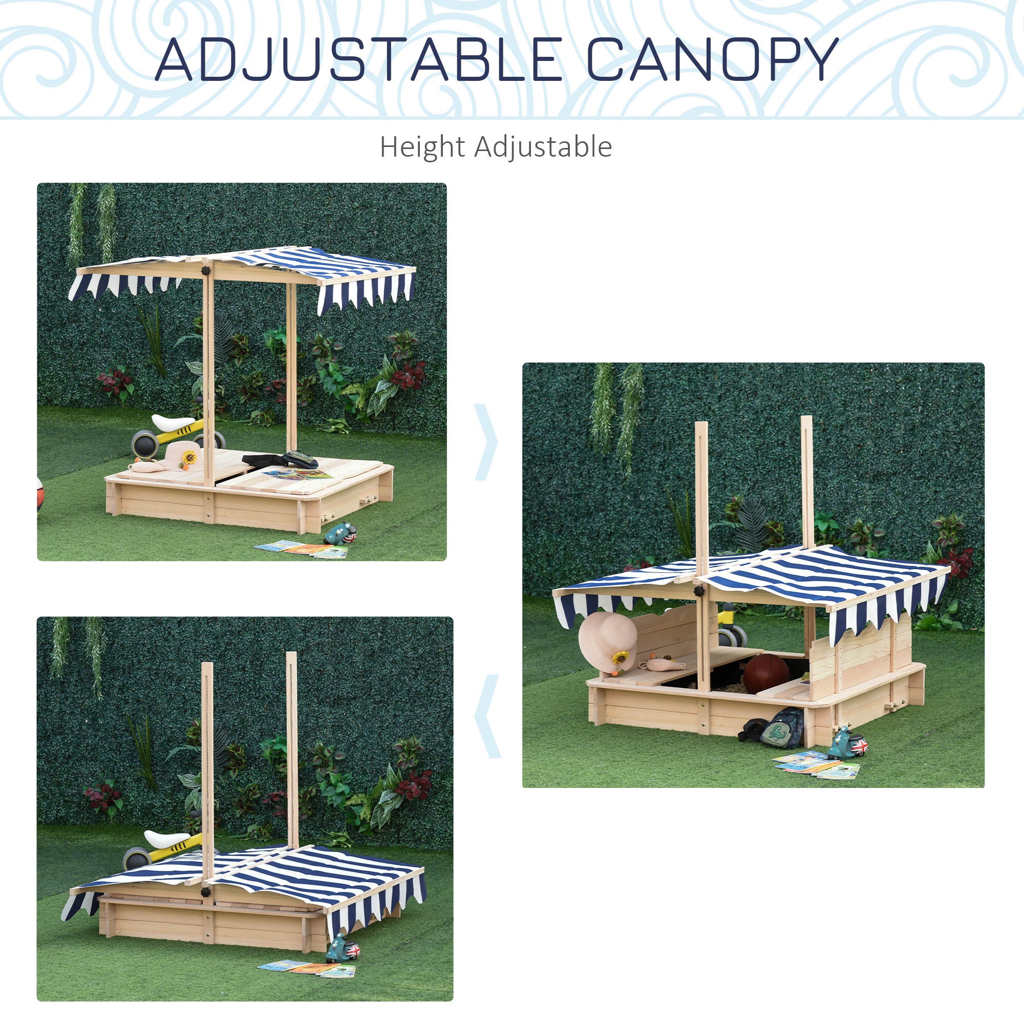 Outsunny Kids Wooden Sand Pit with Lids Children Sandbox Height Adjustable Canopy for Garden, Convertible Bench Seat Outdoor Backyard Playset, Blue and White Canopy - anydaydirect
