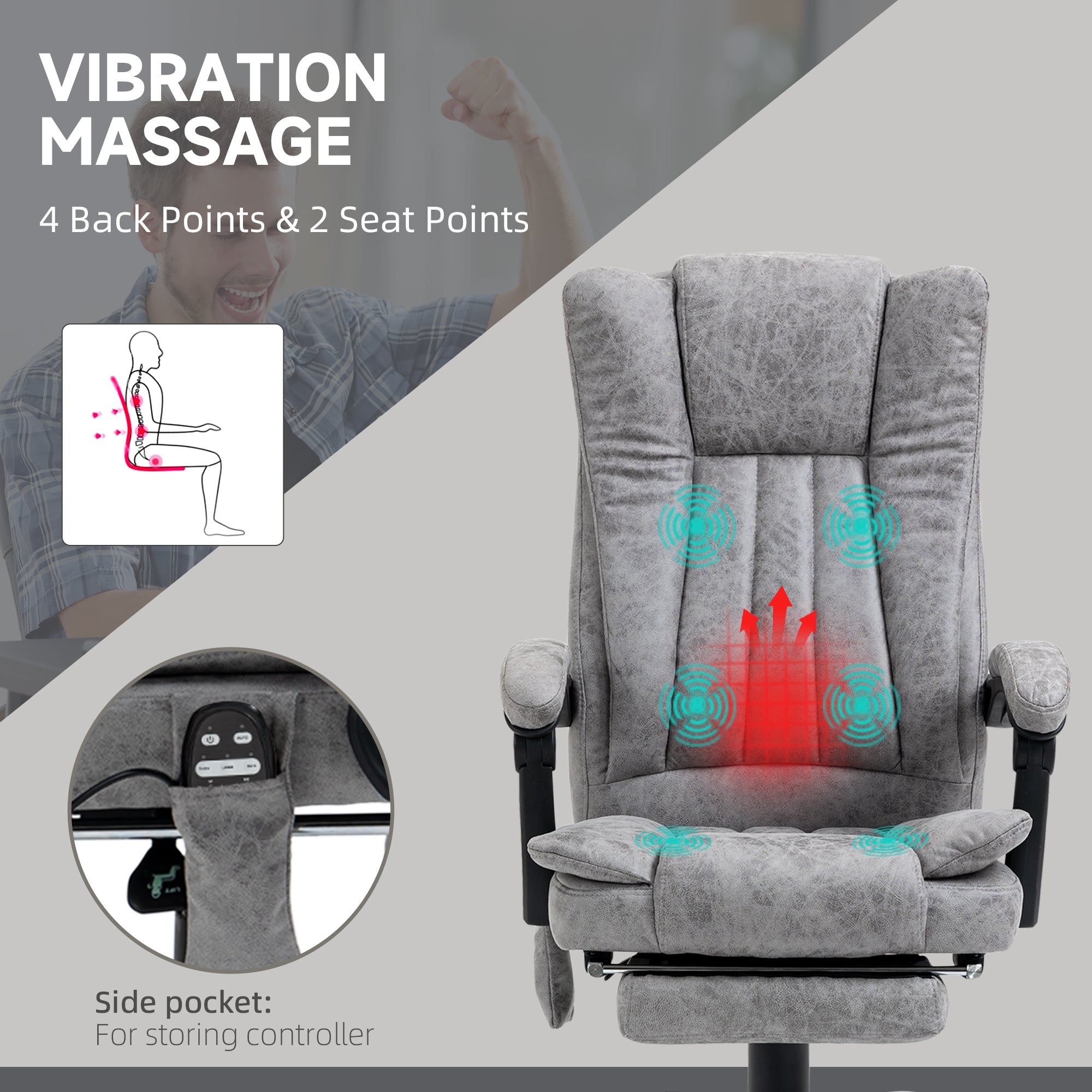 Vinsetto Office Chair with Massage and Heat, Microfibre Reclining Computer Desk Chair with Footrest and Adjustable Height, Swivel Wheels for Home Office, Grey - anydaydirect