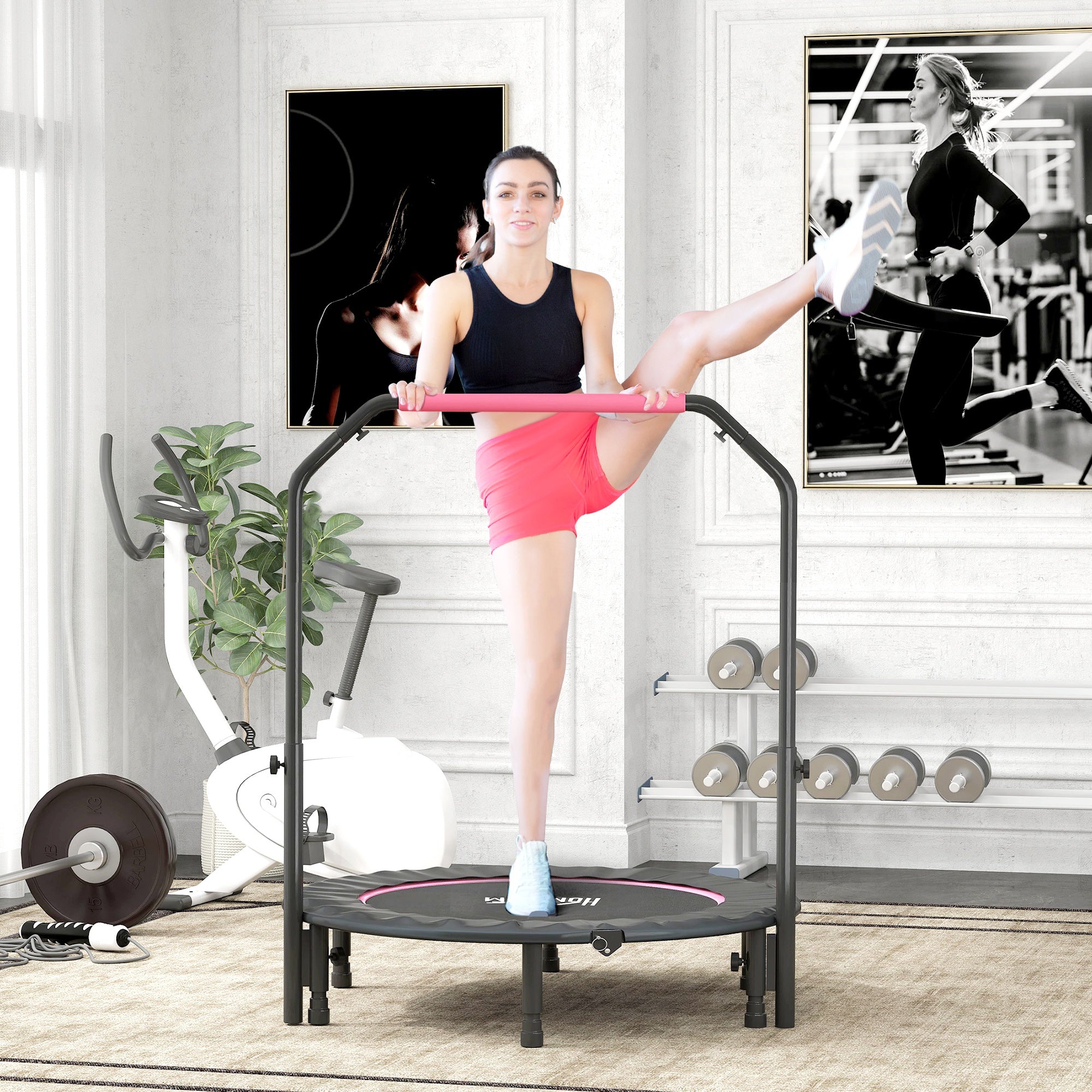 HOMCOM 45" Foldable Mini Fitness Trampoline, with Adjustable Foam Handle, Pink - anydaydirect