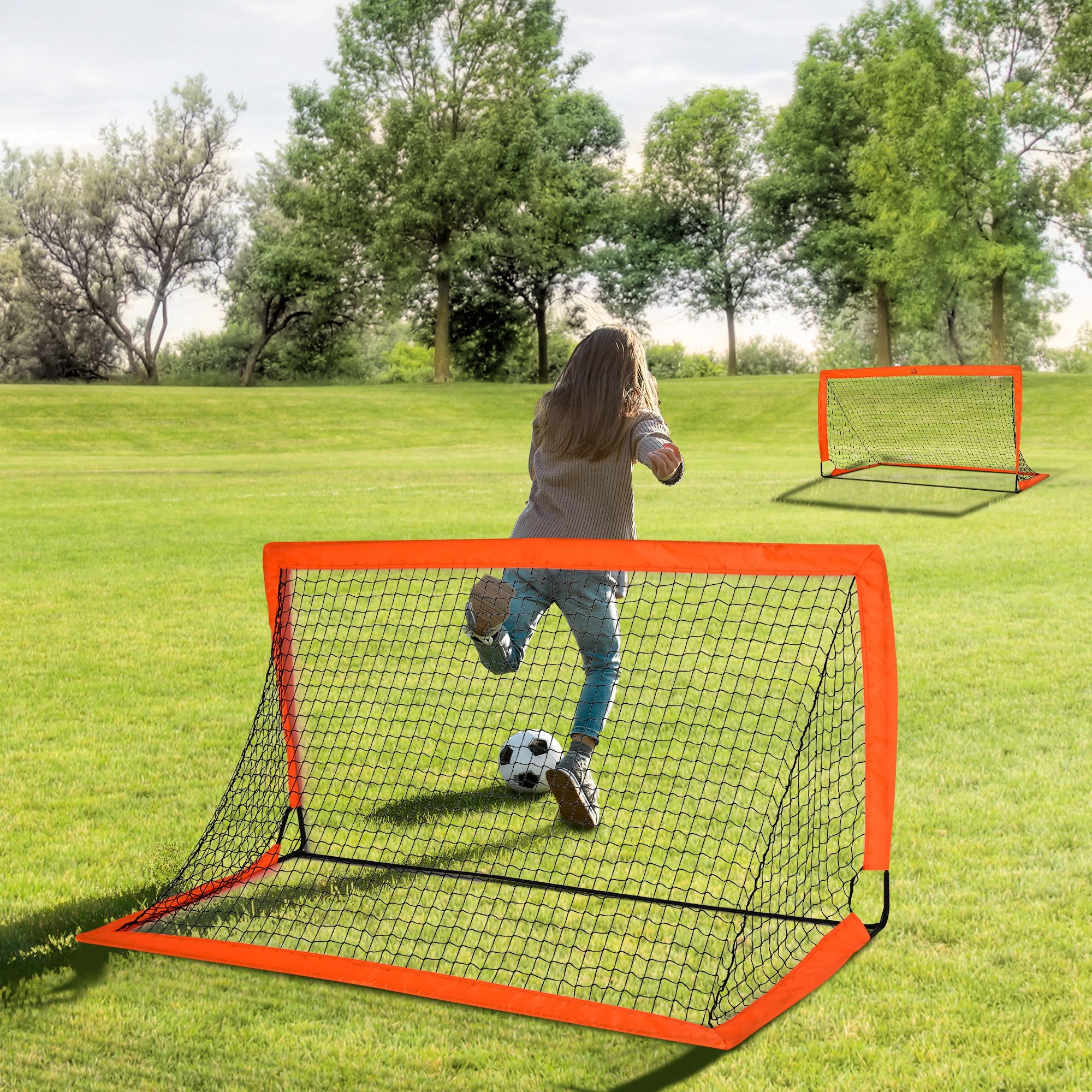 HOMCOM Set of 2 Football Goal Net 6 x 3 ft Foldable Outdoor Sport Training Teens Adults Football with Carrying Bag Orange - anydaydirect