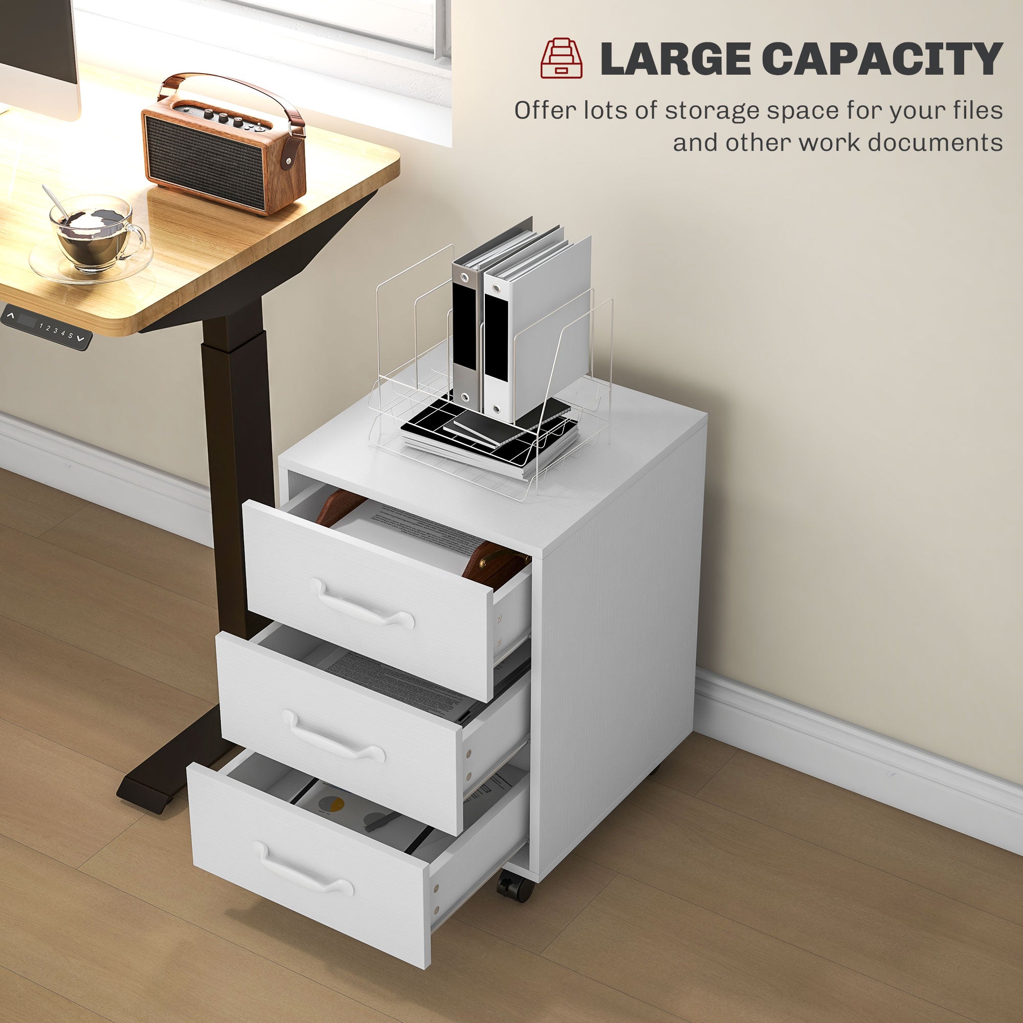 HOMCOM 3 Drawer File Cabinet, Mobile Filing Cabinet on Wheels for Home Office, Study, White - anydaydirect