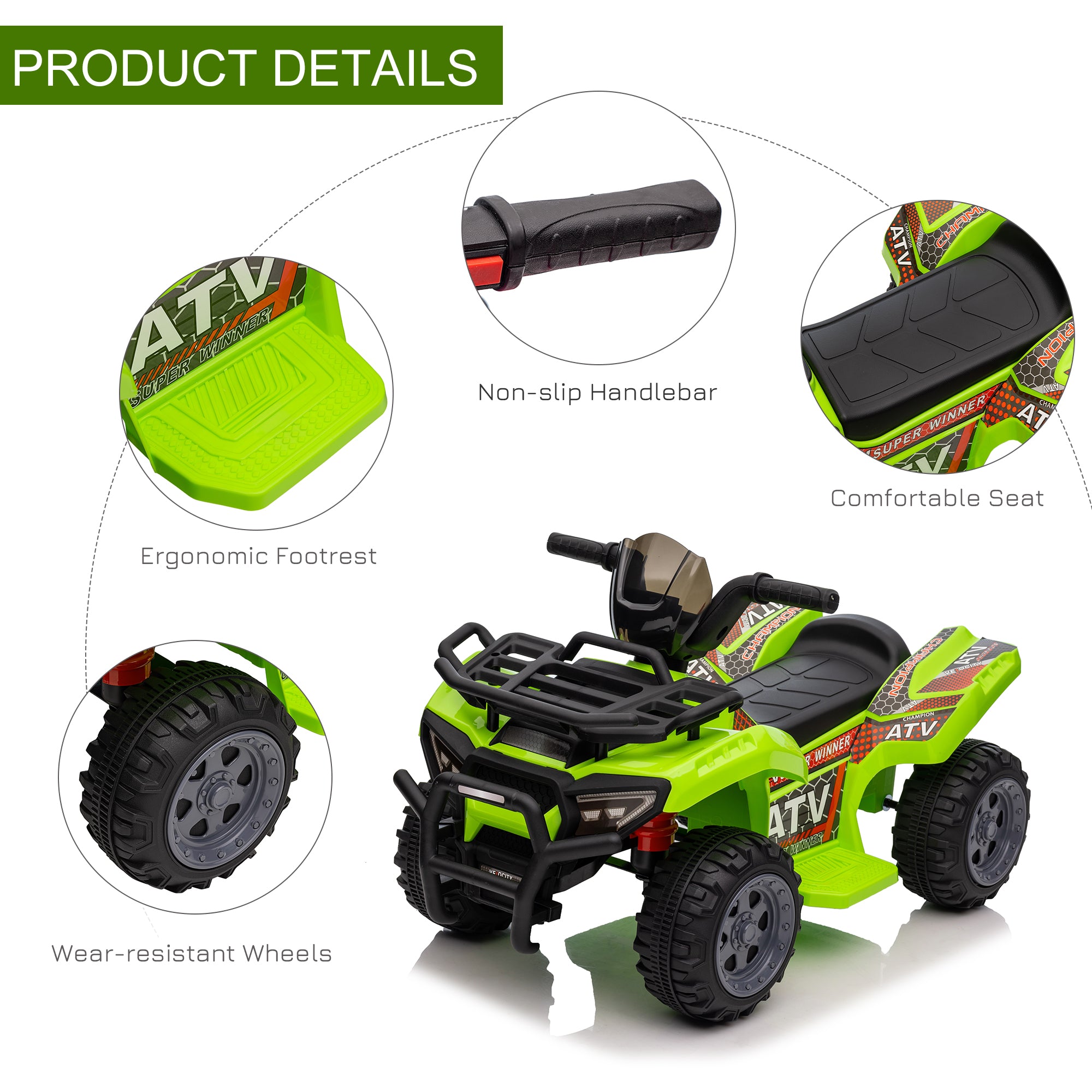 HOMCOM Kids Ride-on Four Wheeler ATV Car with Real Working Headlights, 6V Battery Powered Motorcycle for 18-36 Months, Green - anydaydirect