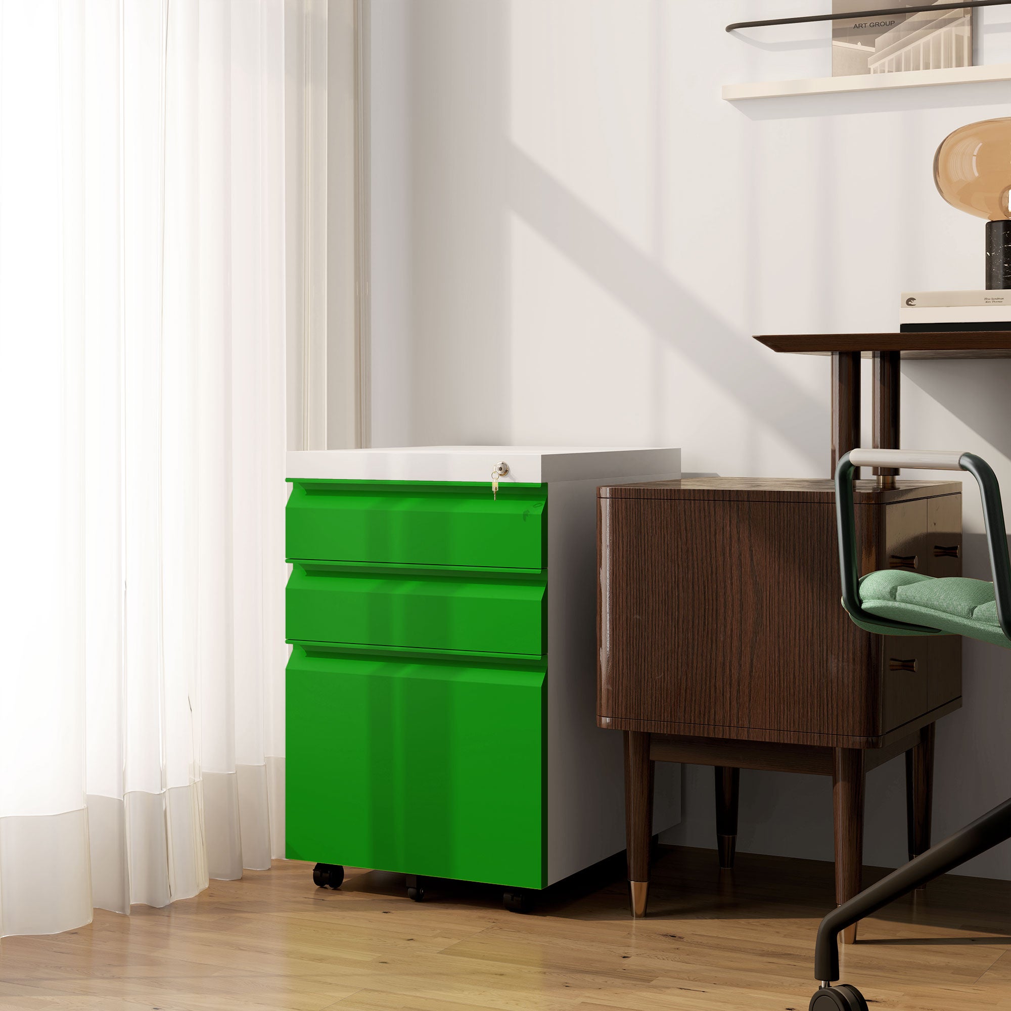 Vinsetto 3 Drawer Filling Cabinet, Mobile Metal File Cabinet with Anti-tilt Design for Letter, A4, Legal Size, Green - anydaydirect