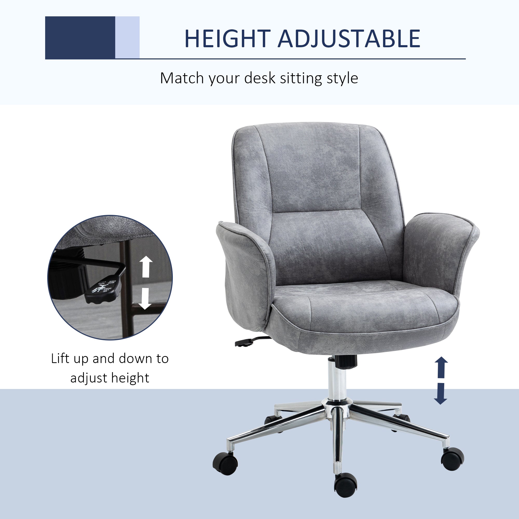 Vinsetto Swivel Computer Office Chair Mid Back Desk Chair for Home Study Bedroom, Light Grey - anydaydirect