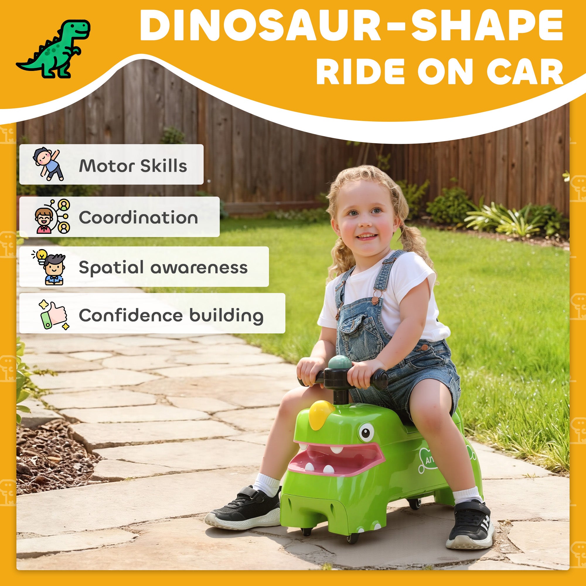 AIYAPLAY Kids Ride On Car, Dinosaur Foot to Floor Slider with Storage, Toddler Walker with Light, Sounds, Green - anydaydirect