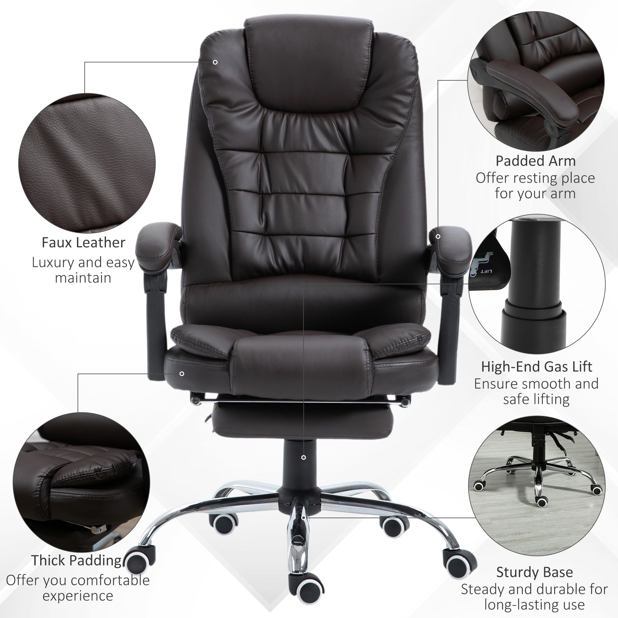 HOMCOM PU Leather Executive Office Chair, High Back Swivel Chair with Retractable Footrest, Adjustable Height, Reclining Function, Brown - anydaydirect