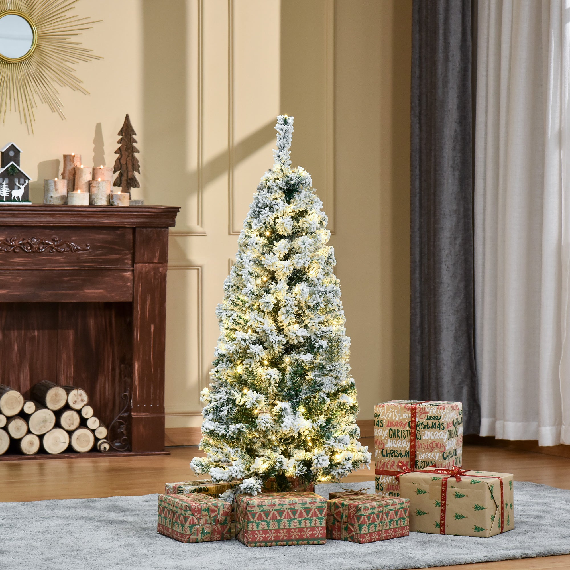 HOMCOM 4ft Prelit Artificial Snow Flocked Christmas Tree with Warm White LED Light, Holiday Home Xmas Decoration, Green White - anydaydirect