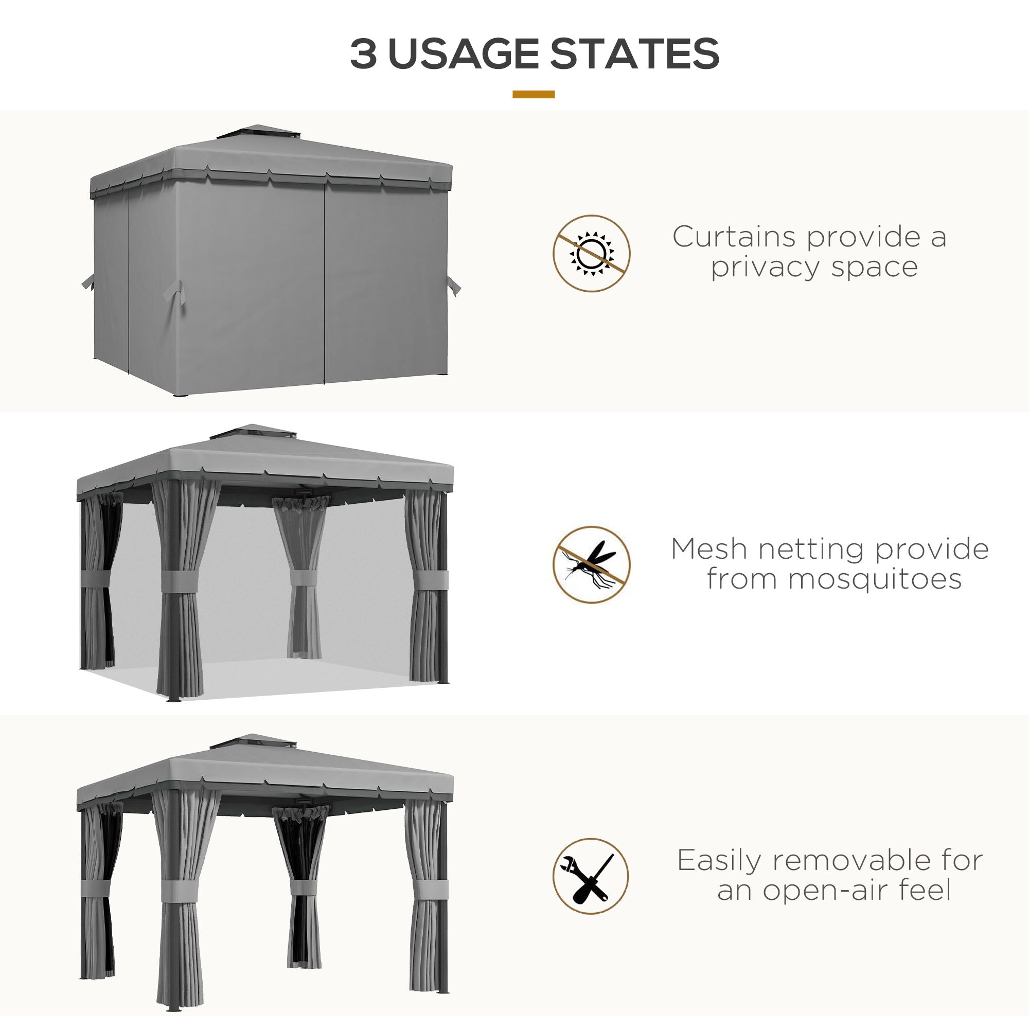 Outsunny 3 x 3(m) Patio Gazebo Canopy Garden Pavilion Tent Shelter Marquee with 2 Tier Roof, Netting and Curtains, Light Grey - anydaydirect
